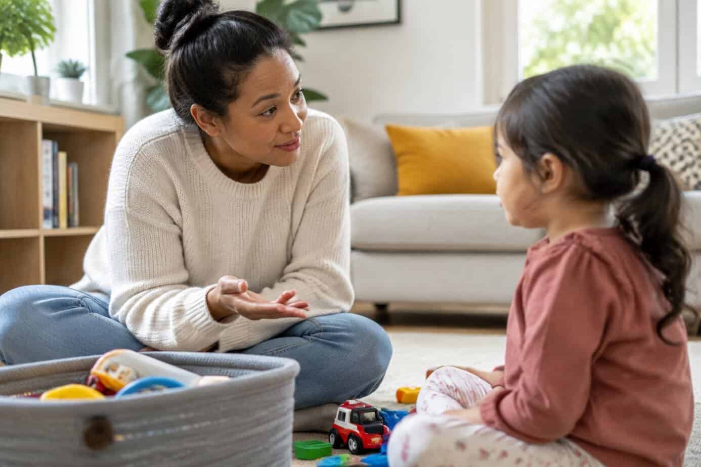 A parent calmly explains a household limit to a child at home.