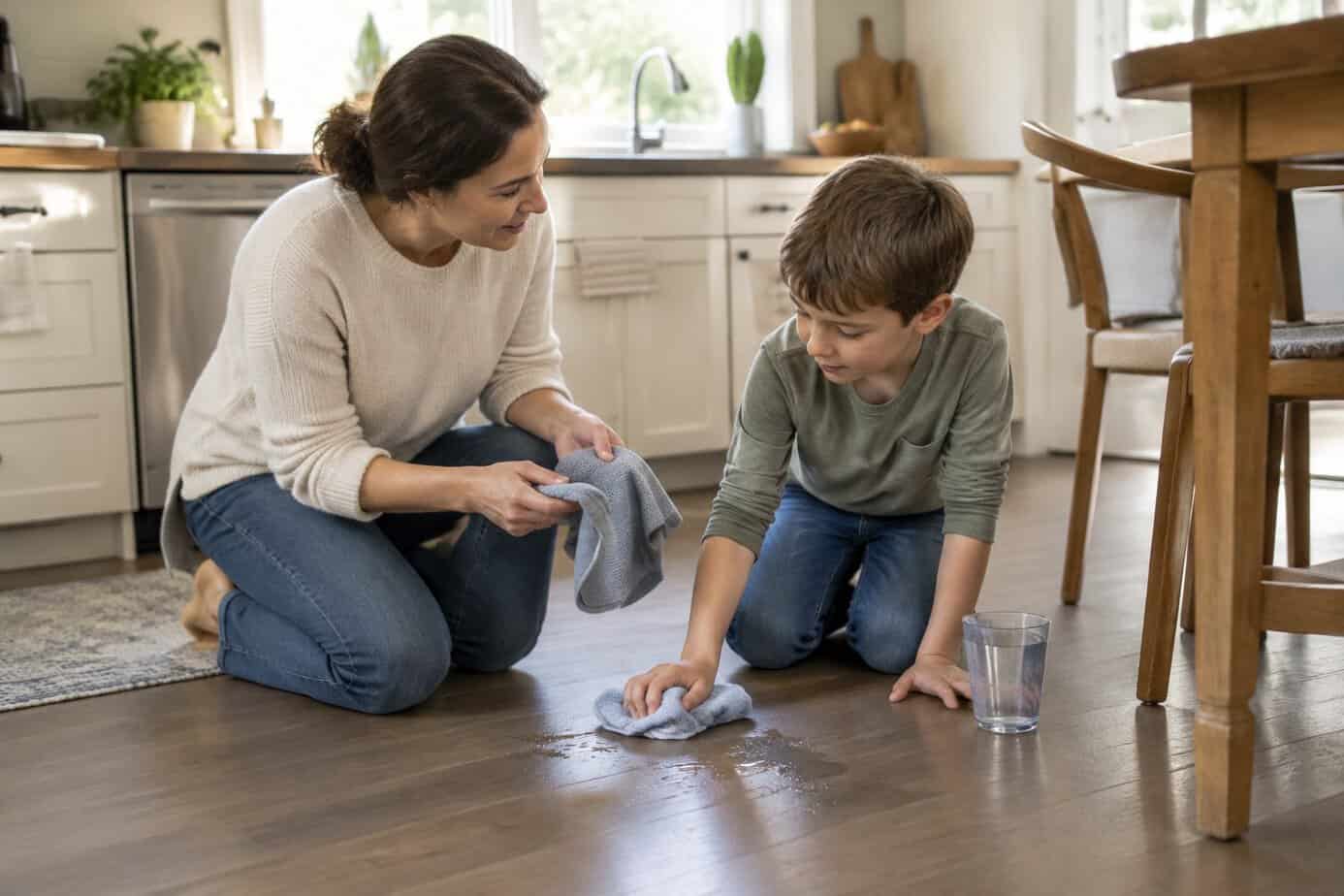 A parent calmly helps a child clean up spilled water in the kitchen.