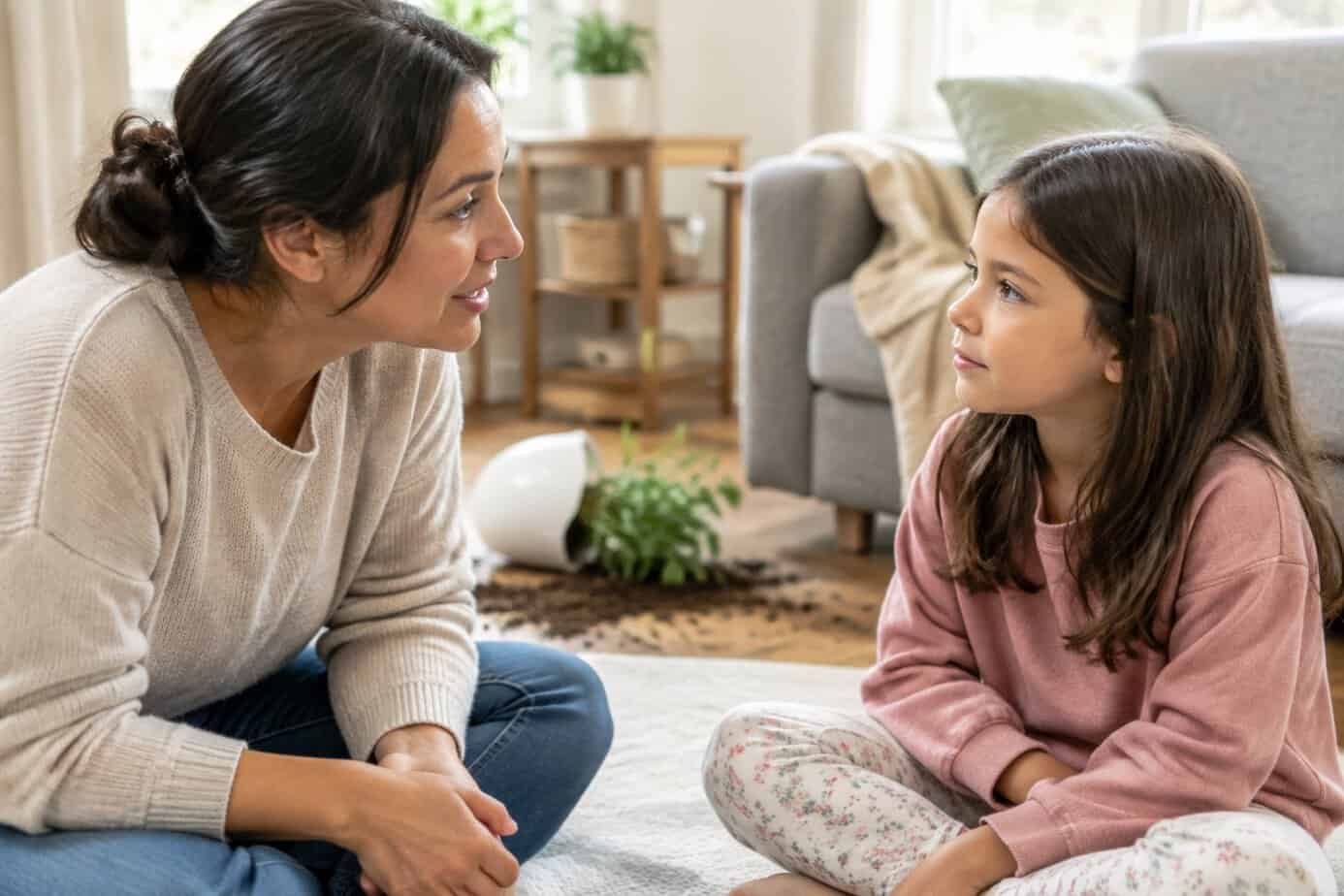 A parent sits at a child’s eye level and apologizes during a calm conversation at home.