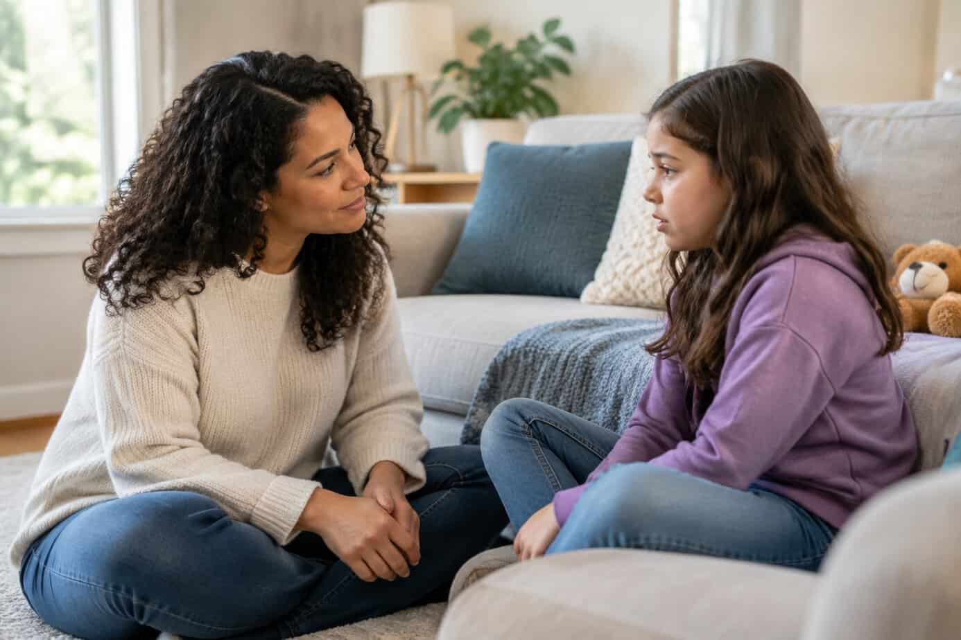 A parent listens as a child talks about feeling worried in their living room.