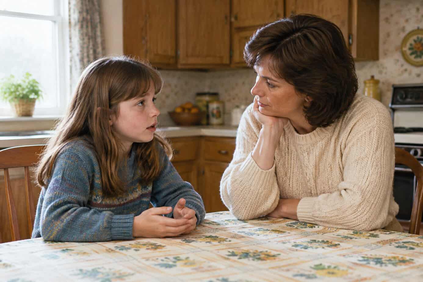 A parent listens attentively as their child talks at the kitchen table.