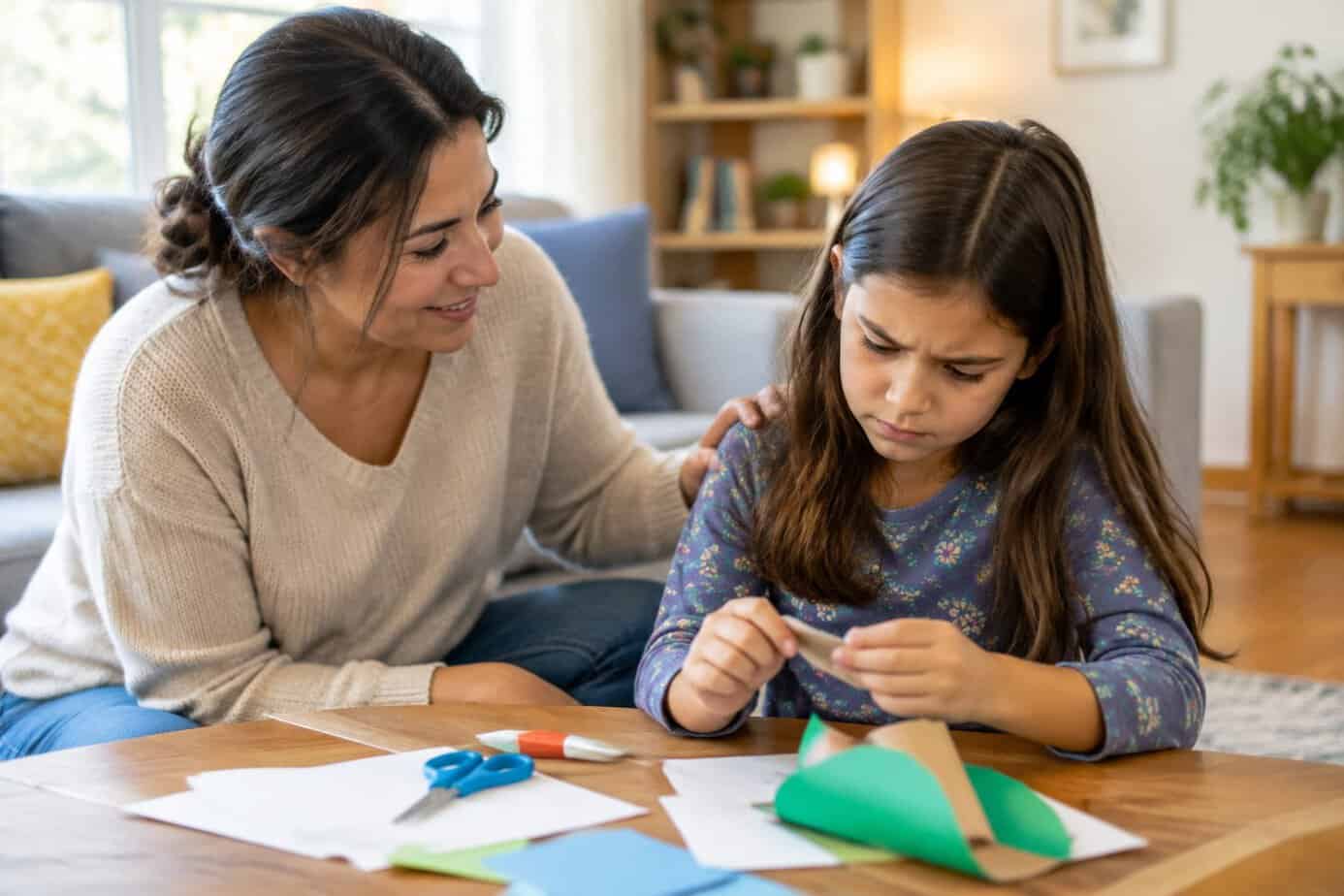 A parent reassures a child working independently on a project at a table.