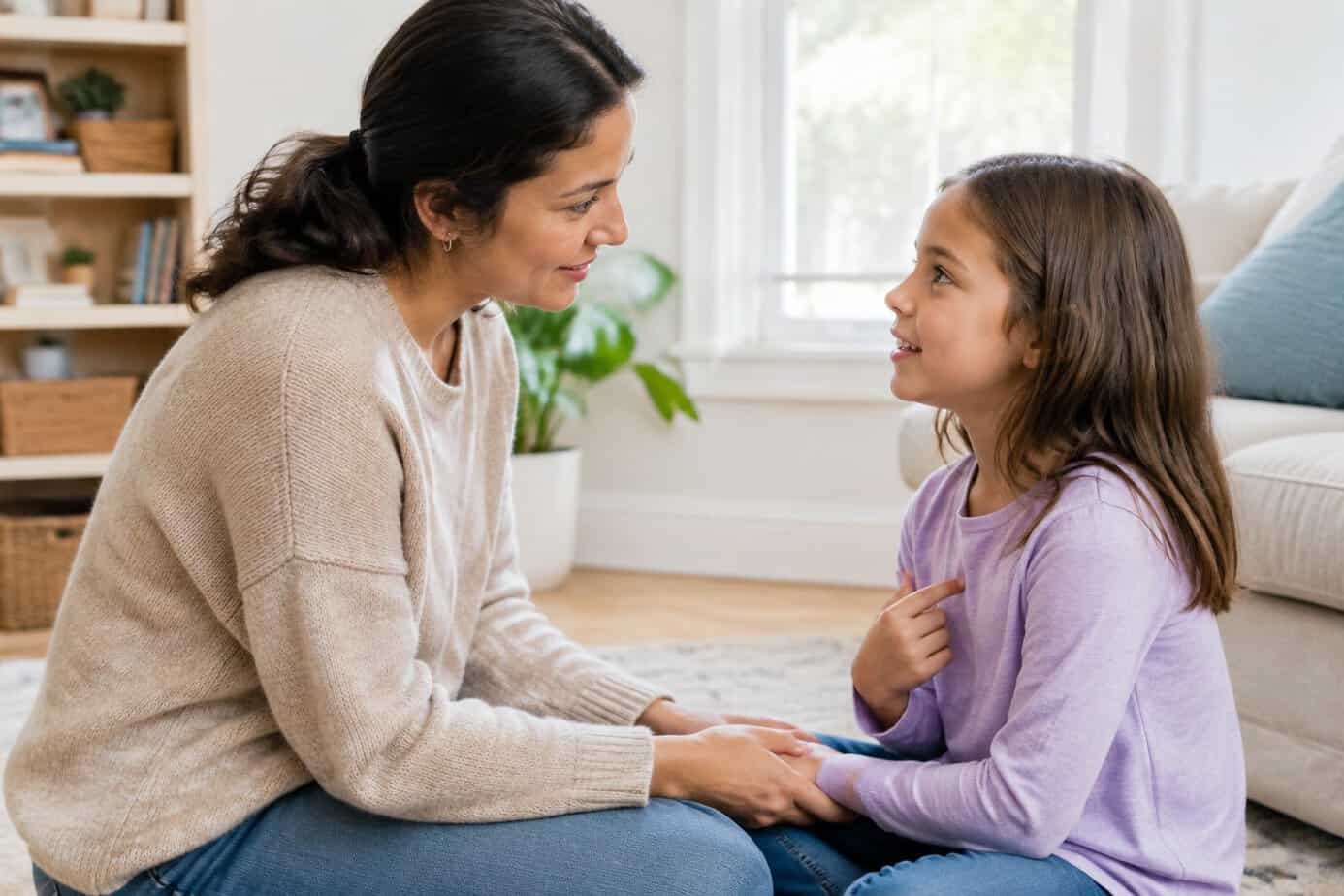 A parent kneels beside their child at home and listens as they talk.