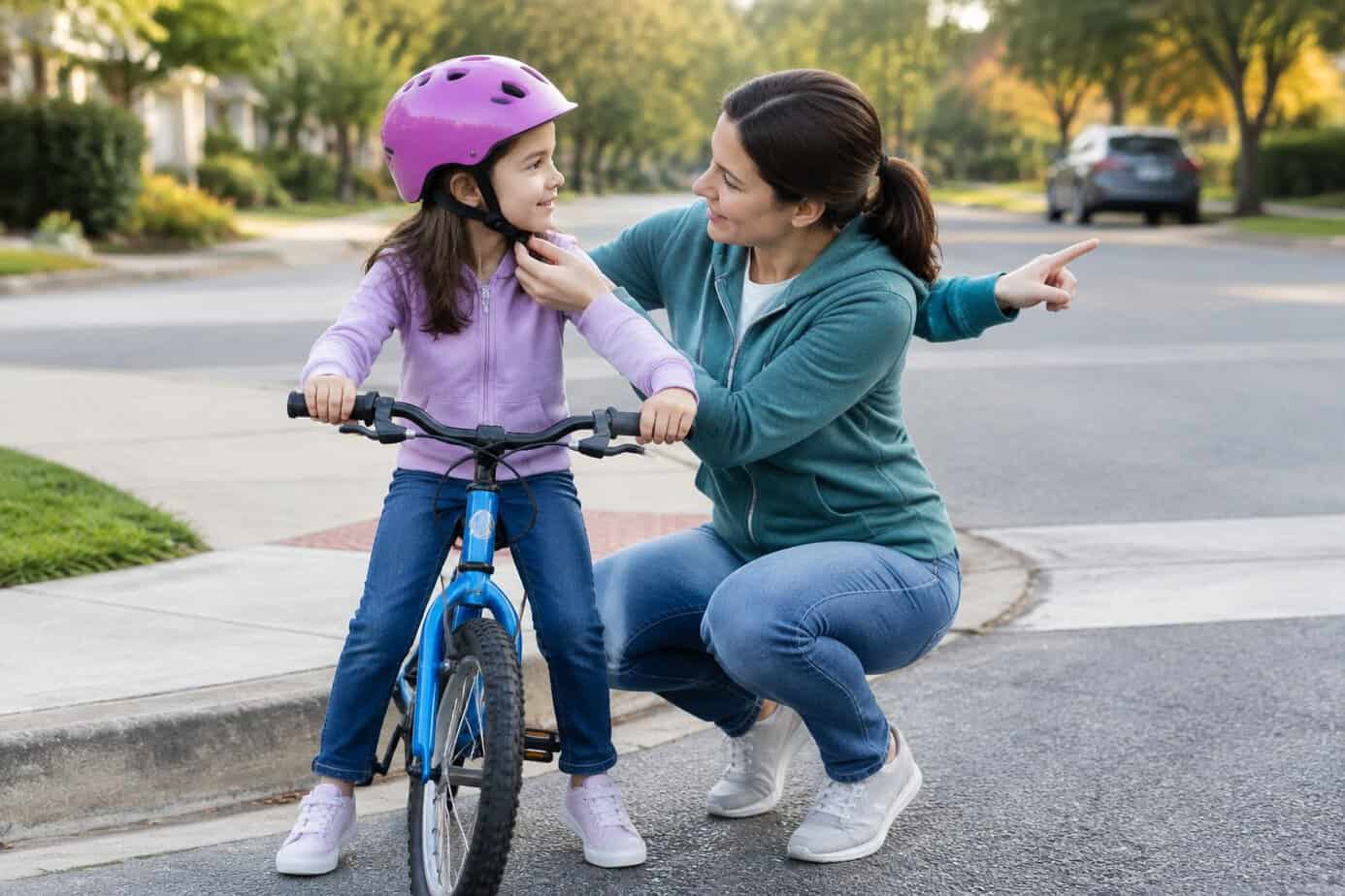 A parent checks a child’s helmet and teaches them to look both ways while practicing bicycle safety on a quiet street.