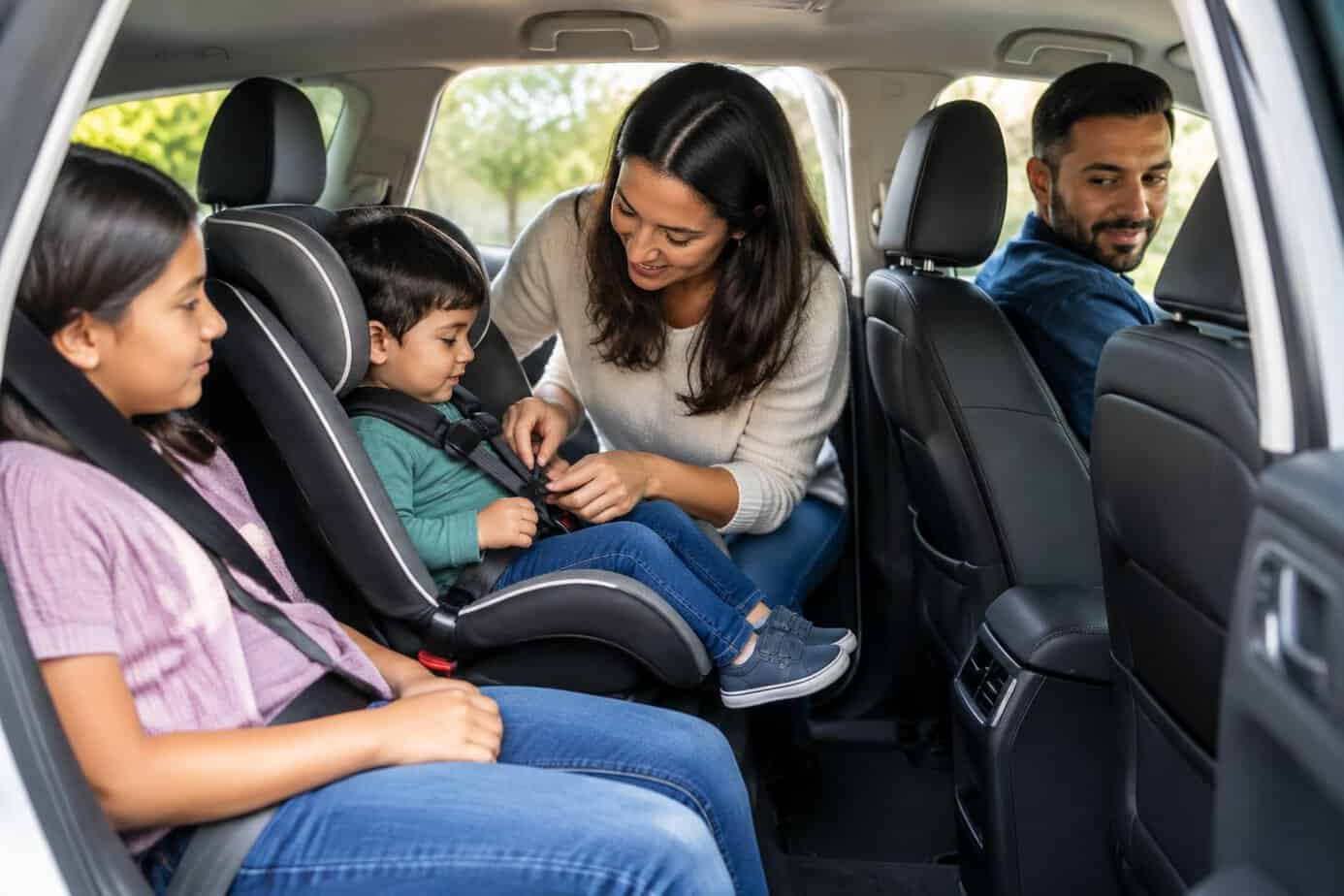 A parent secures a young child in a car seat while an older child wears a seat belt.