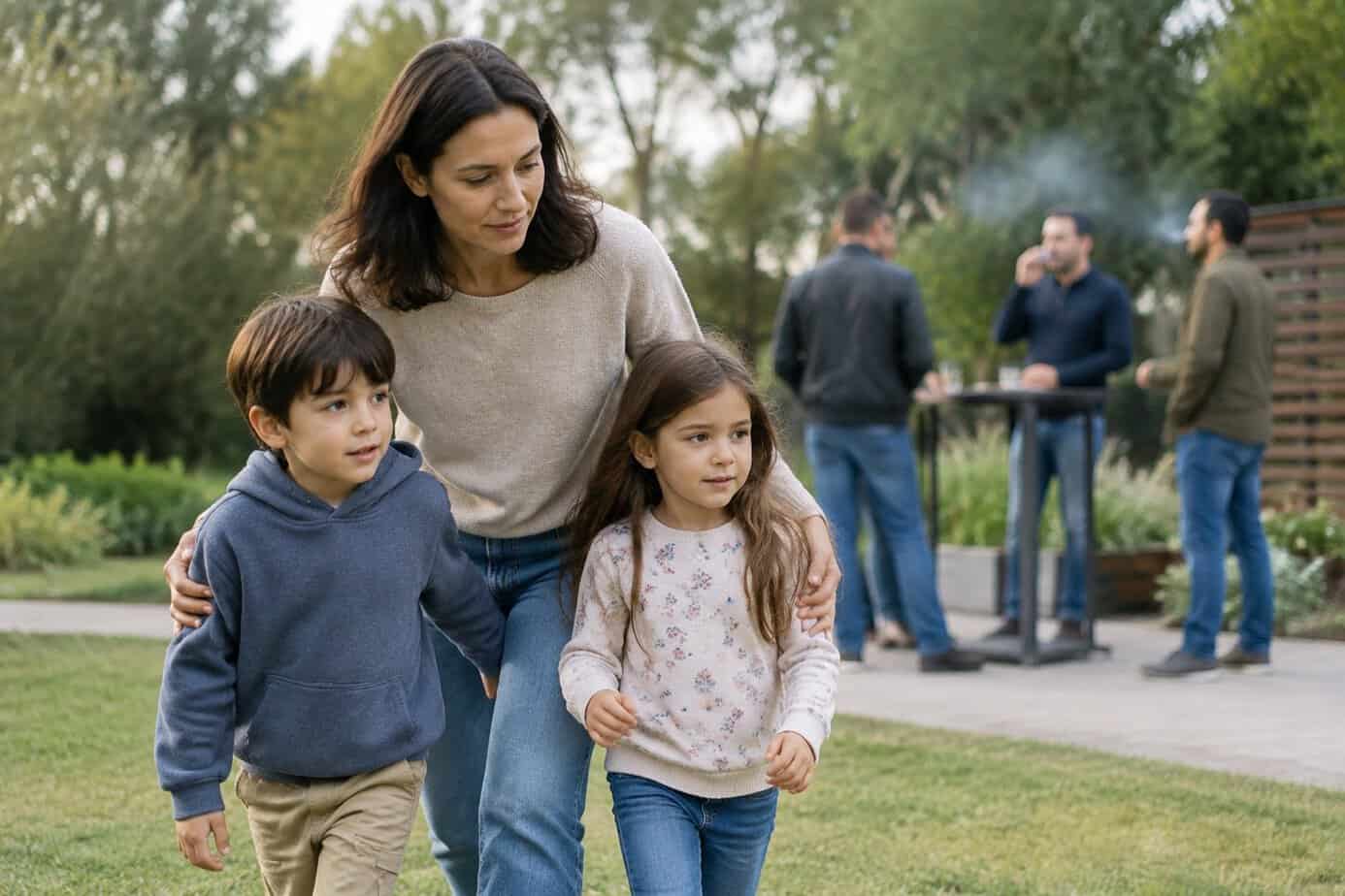 A parent guides two children away from adults smoking outdoors.
