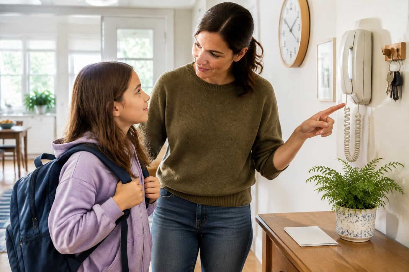 A parent reviews home safety routines with a school-age child beside a landline phone.