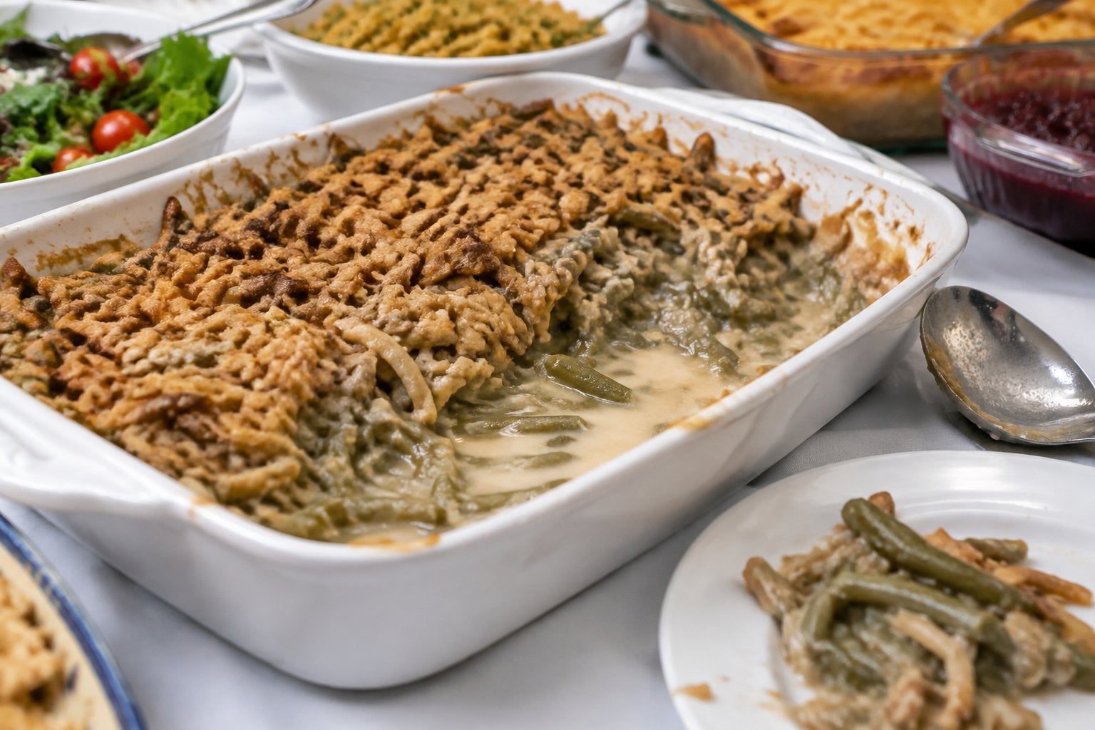 A soggy green bean casserole sits on a potluck buffet beside a serving spoon.