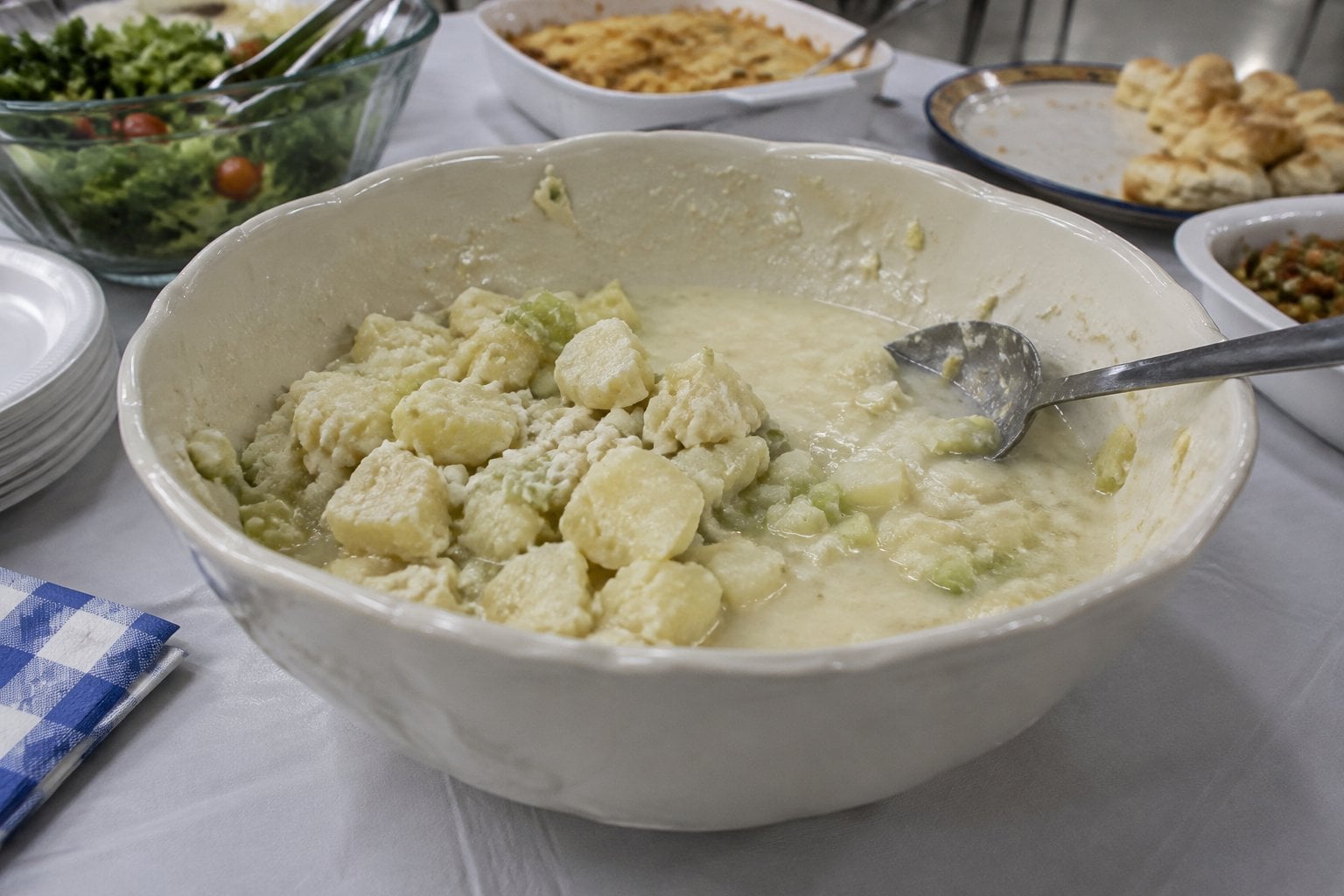 A serving bowl of watery potato salad sits mostly untouched on a potluck table.
