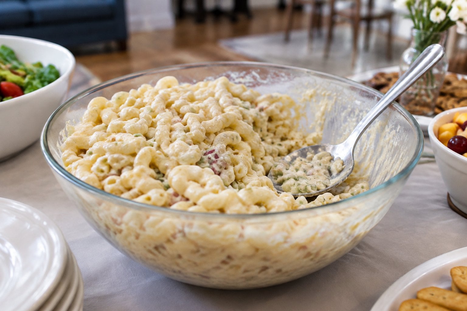 A bowl of creamy macaroni salad sits on a potluck buffet table with a serving spoon.