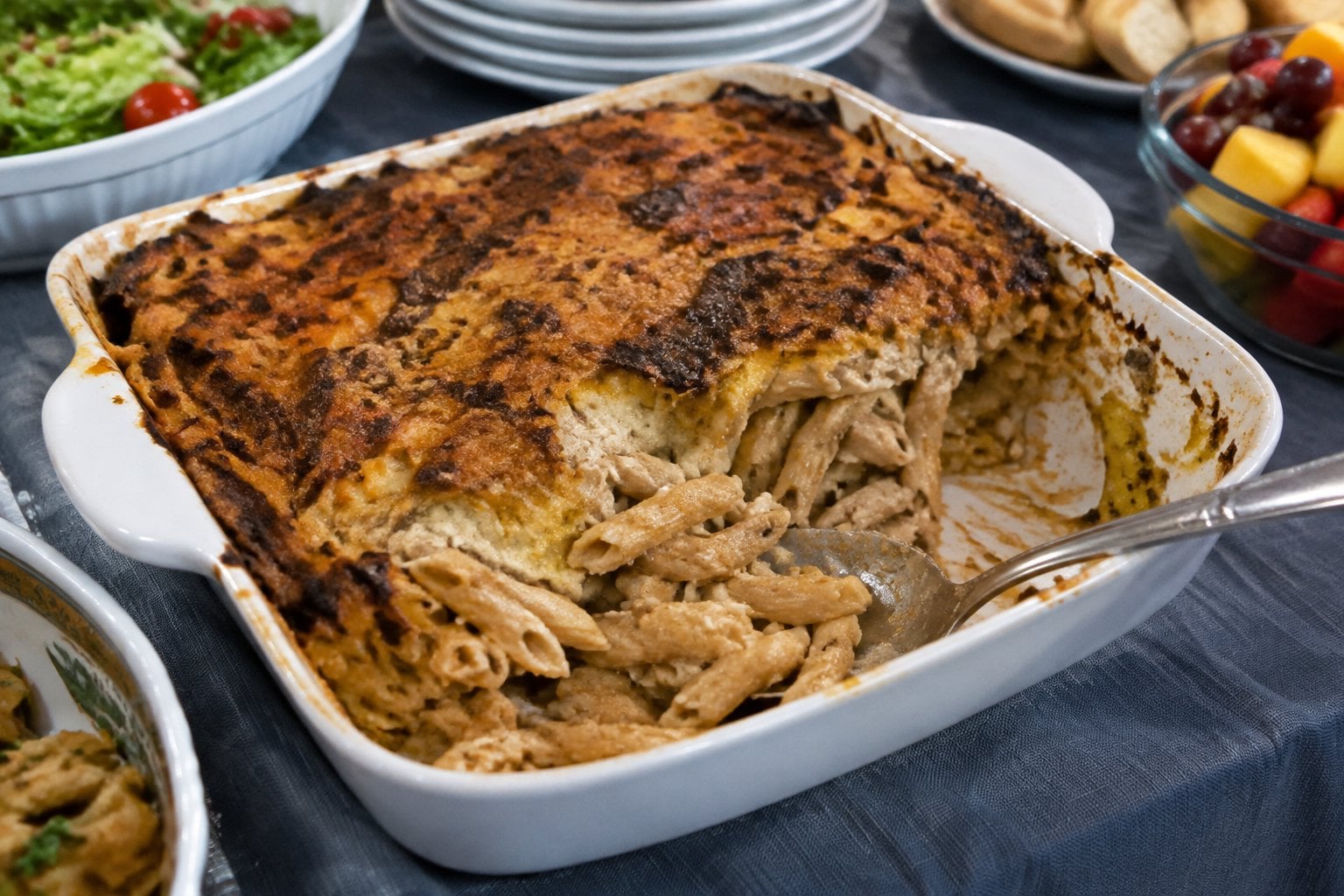 A dry, overbaked pasta casserole sits on a crowded potluck buffet table.