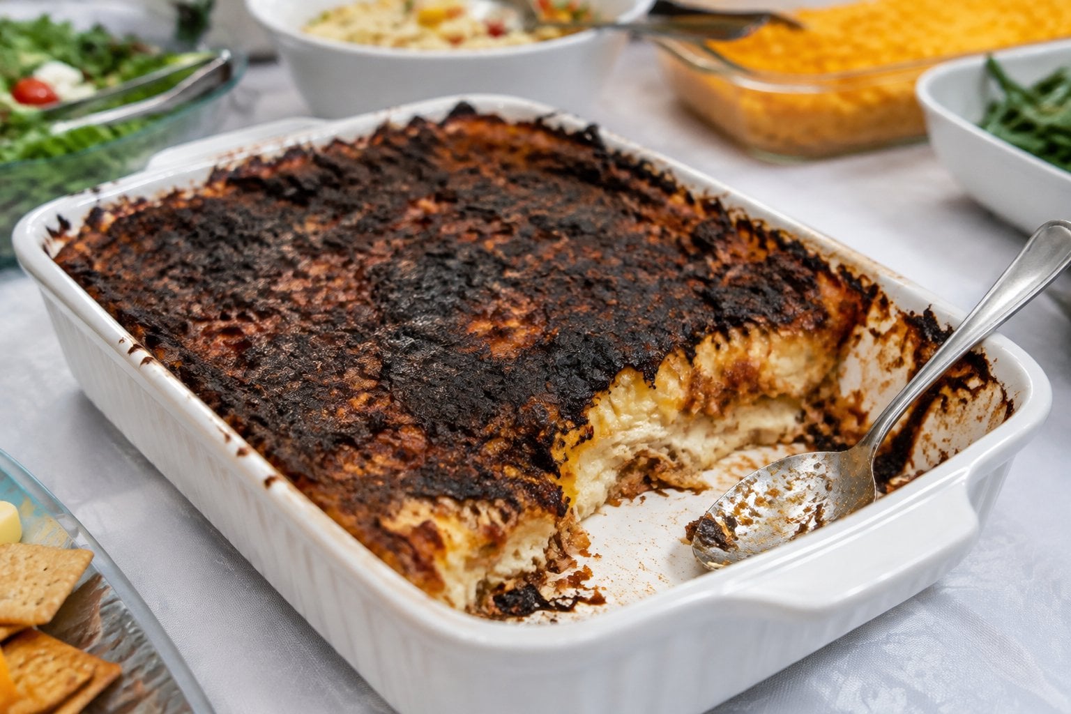 A badly burnt casserole sits on a potluck buffet table.