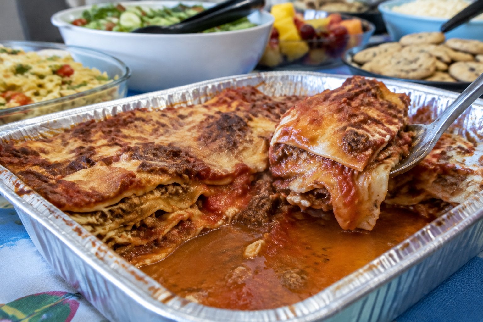 A serving spoon lifts a soggy piece of lasagna from a tray with watery sauce pooled at the bottom.