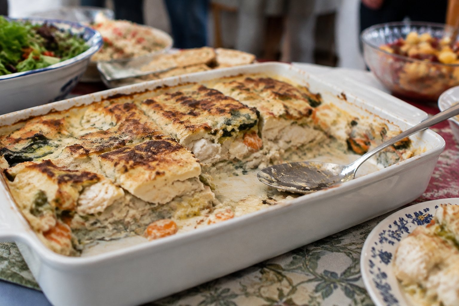 A fish casserole sits mostly untouched on a potluck buffet table.