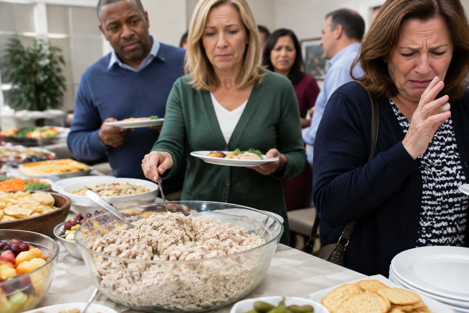 A bowl of tuna salad sits on a buffet table as guests keep their distance.