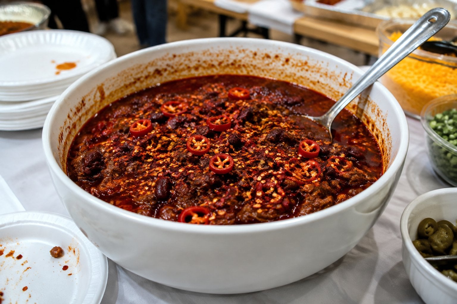 A bowl of spicy chili sits mostly untouched on a potluck table.