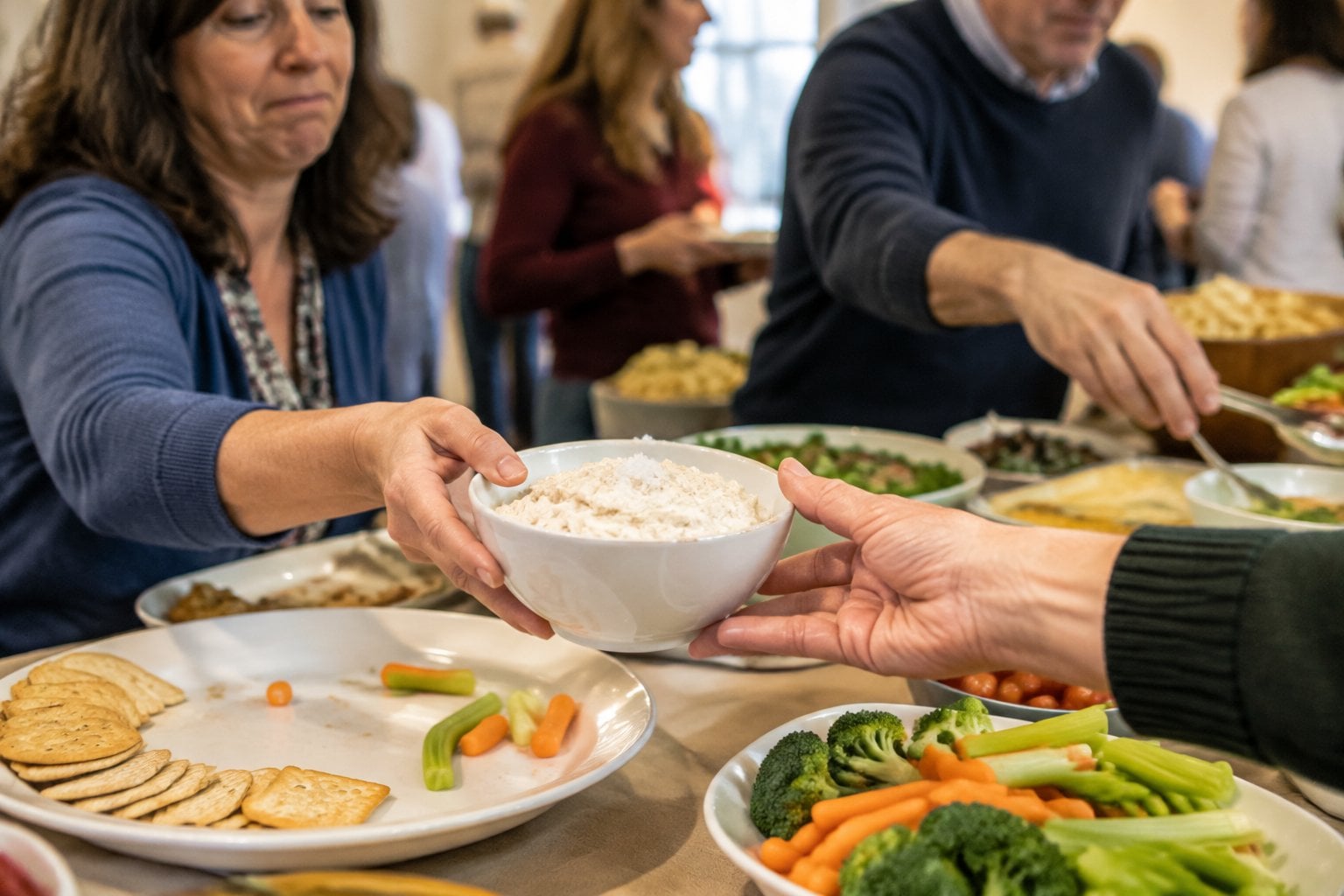 Guests avoid a bowl of dip at a crowded potluck buffet.
