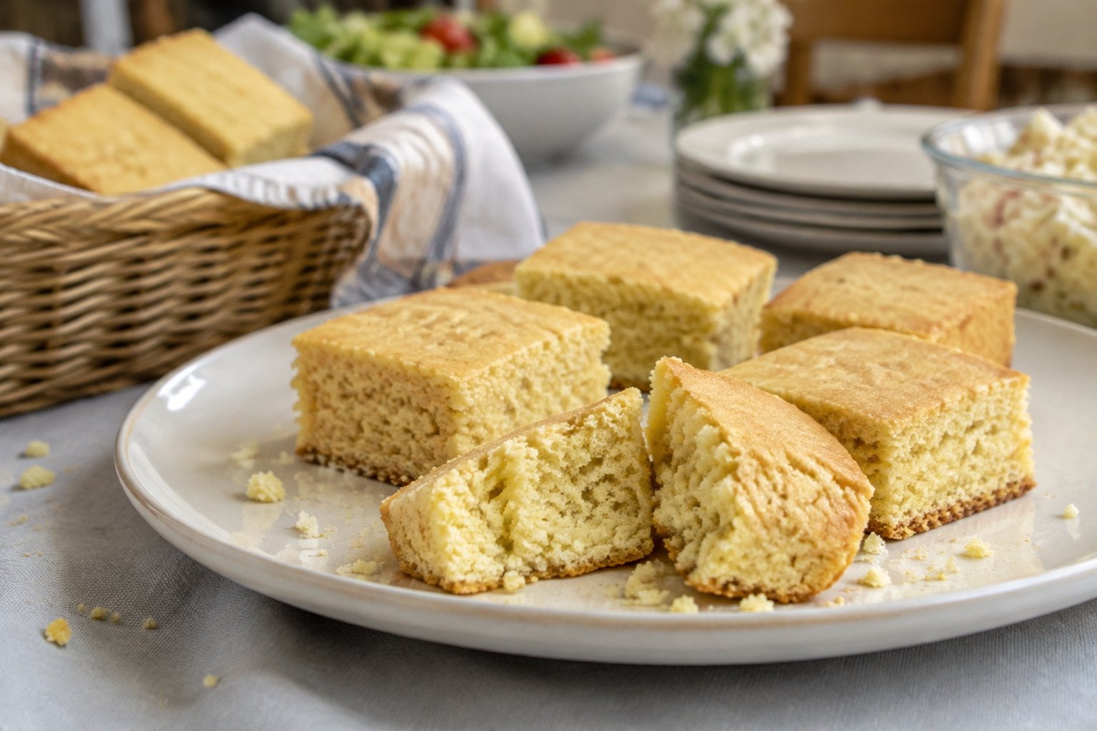 Dry cornbread squares and loose crumbs sit on a serving plate at a potluck.