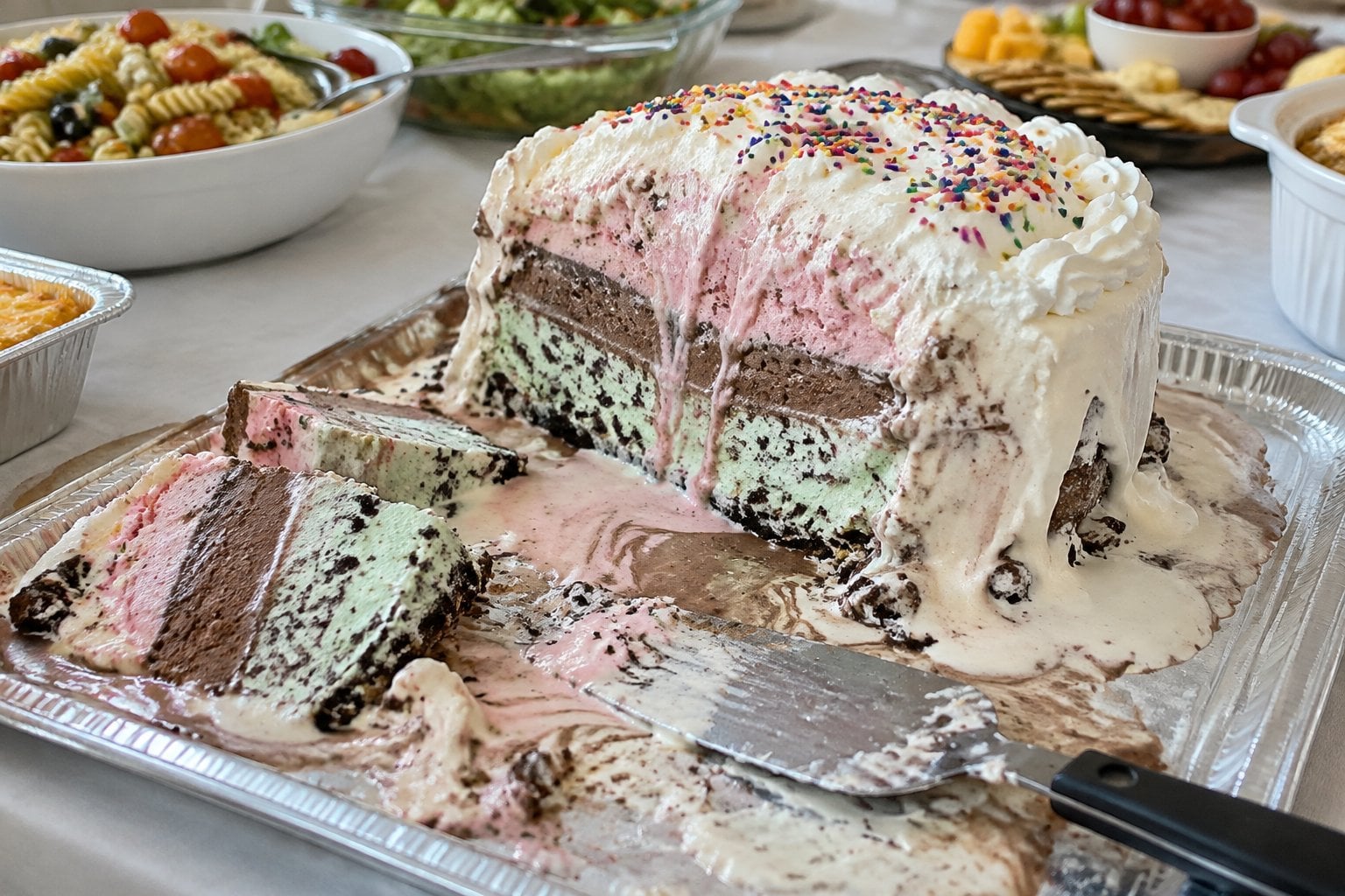A layered ice cream cake slumps into a puddle on a crowded potluck table.