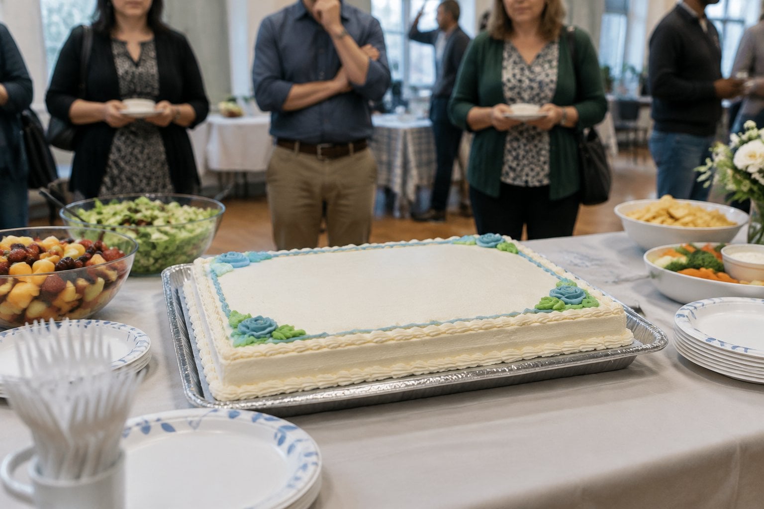 An uncut sheet cake sits on a buffet table beside empty plates, with no serving knife in sight.