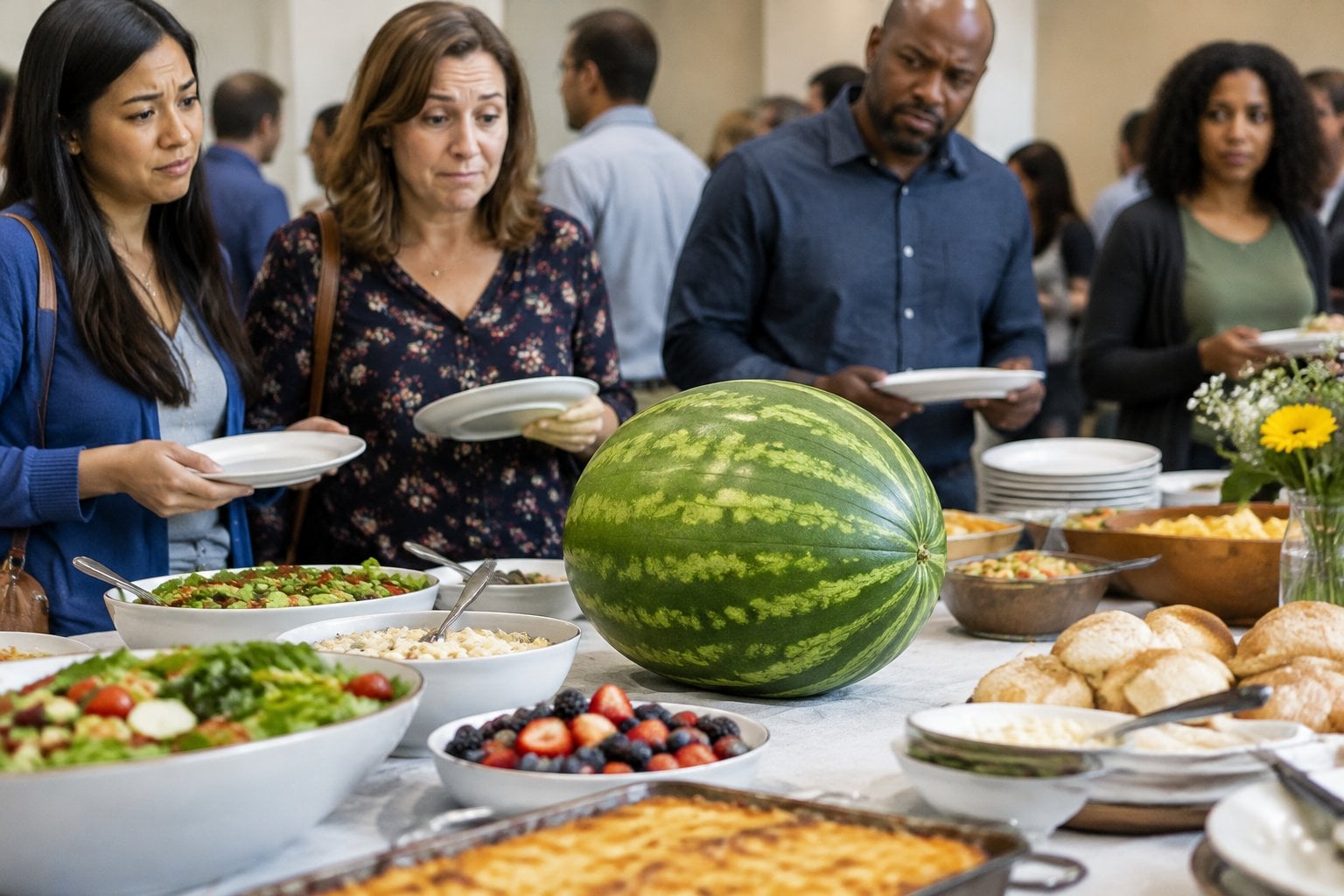 An uncut watermelon sits untouched on a crowded potluck table as guests look on.