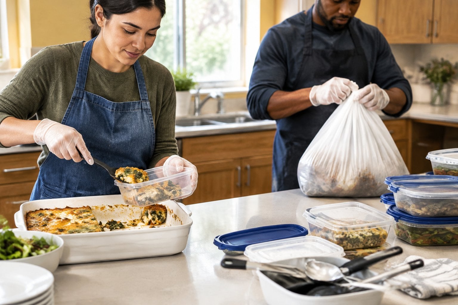 Two volunteers sort leftover food into containers and a disposal bag in a community kitchen.