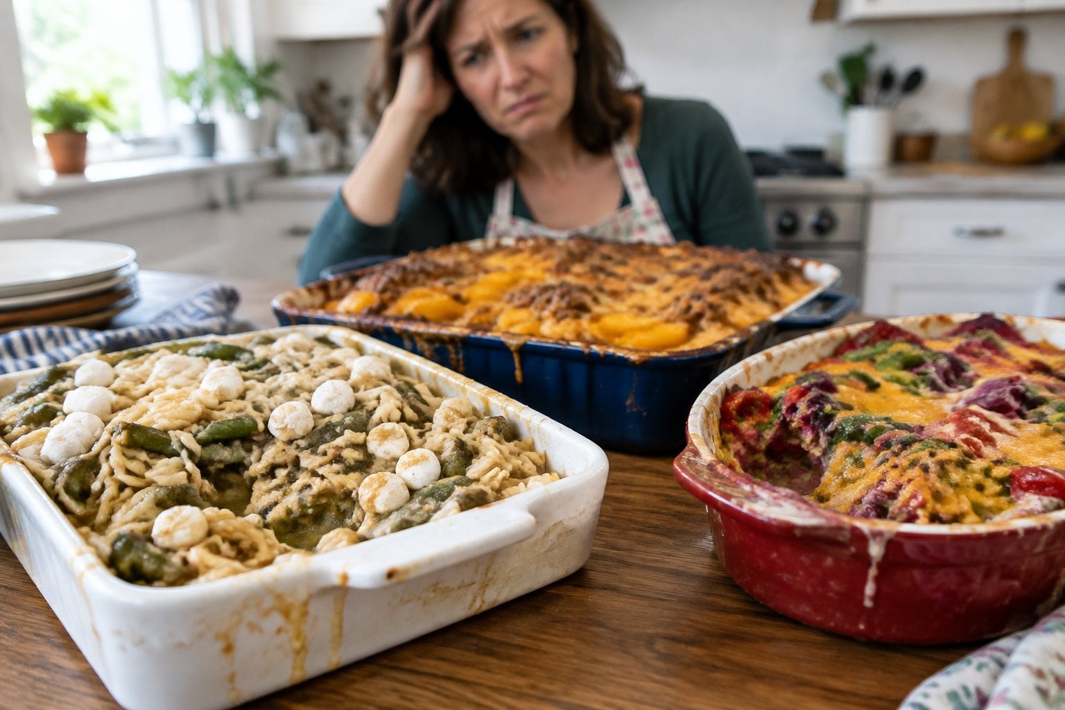 Several unusual casseroles sit on a kitchen table as a cook looks on with dismay.