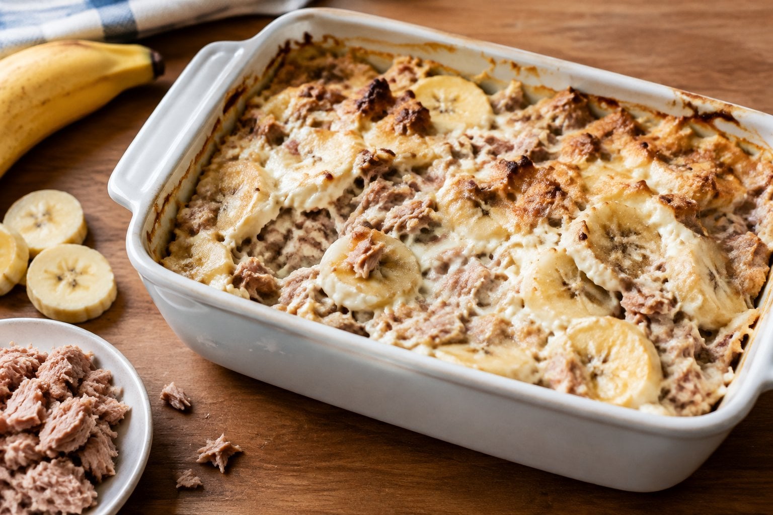 A casserole containing tuna, banana slices, and mayonnaise.