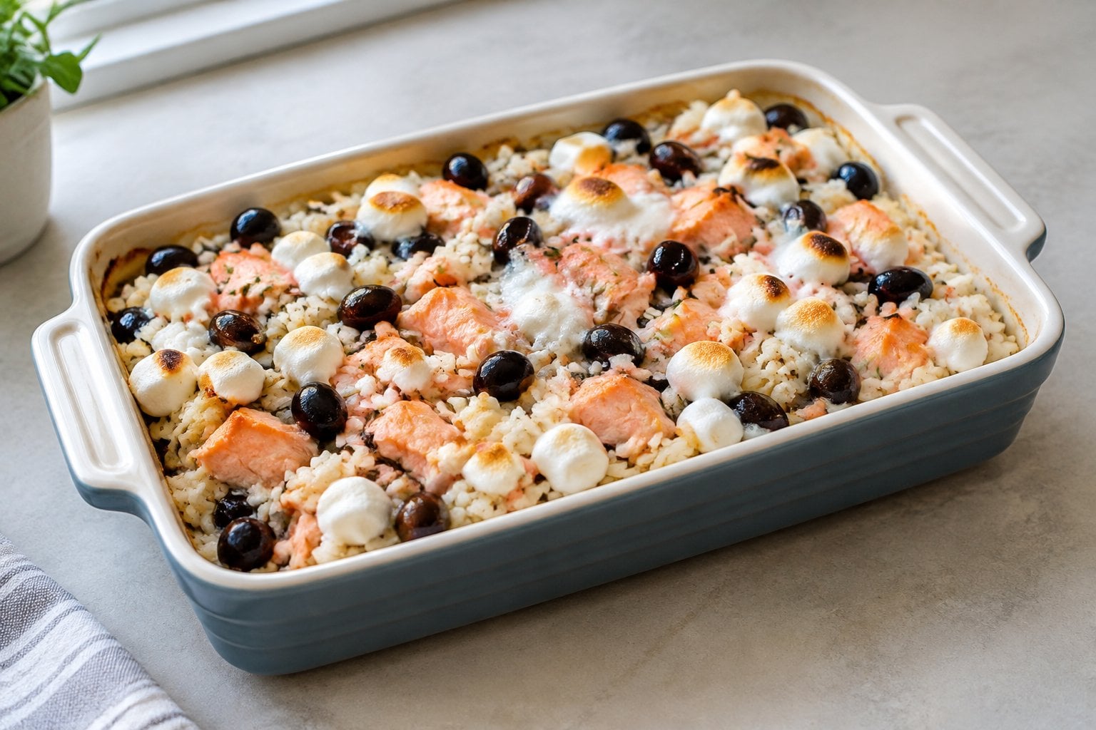 A casserole of salmon, rice, olives, and marshmallows.