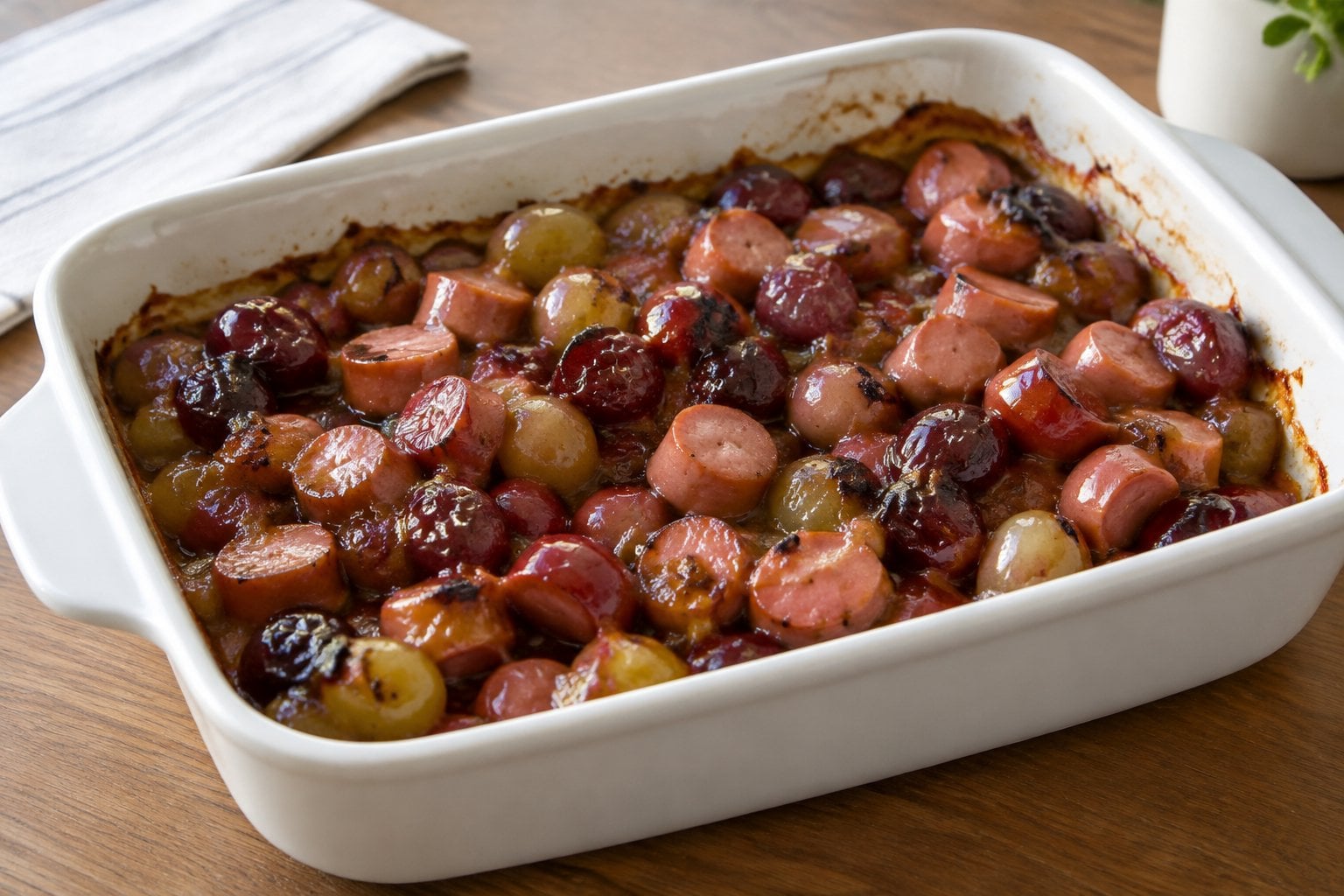 A casserole containing sliced hot dogs and whole grapes.