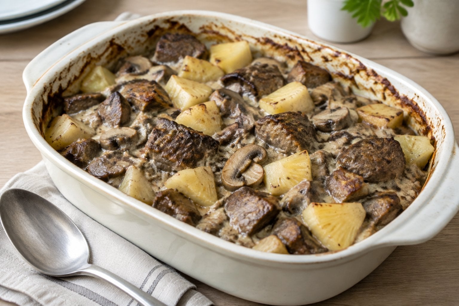 A casserole of liver, pineapple chunks, and creamy mushroom sauce.