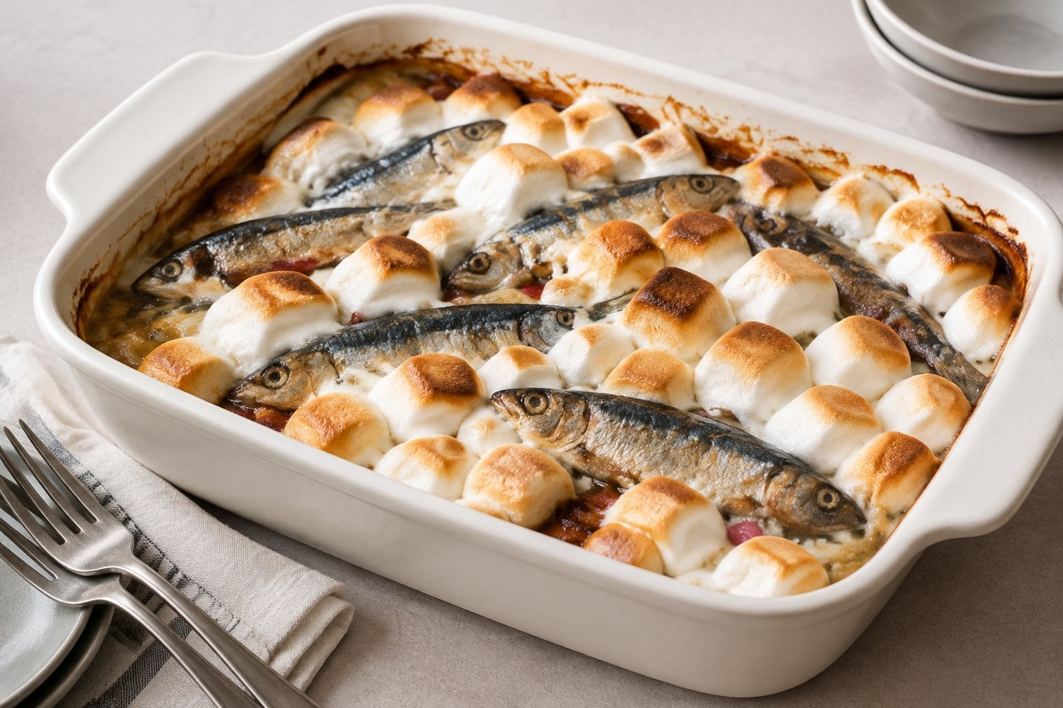 A casserole topped with sardines and toasted marshmallows.