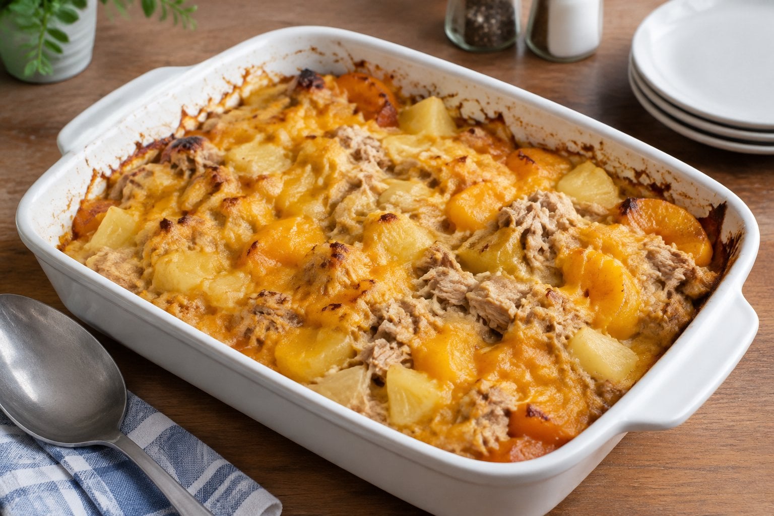 A casserole made with canned fruit, tuna, and melted cheddar.