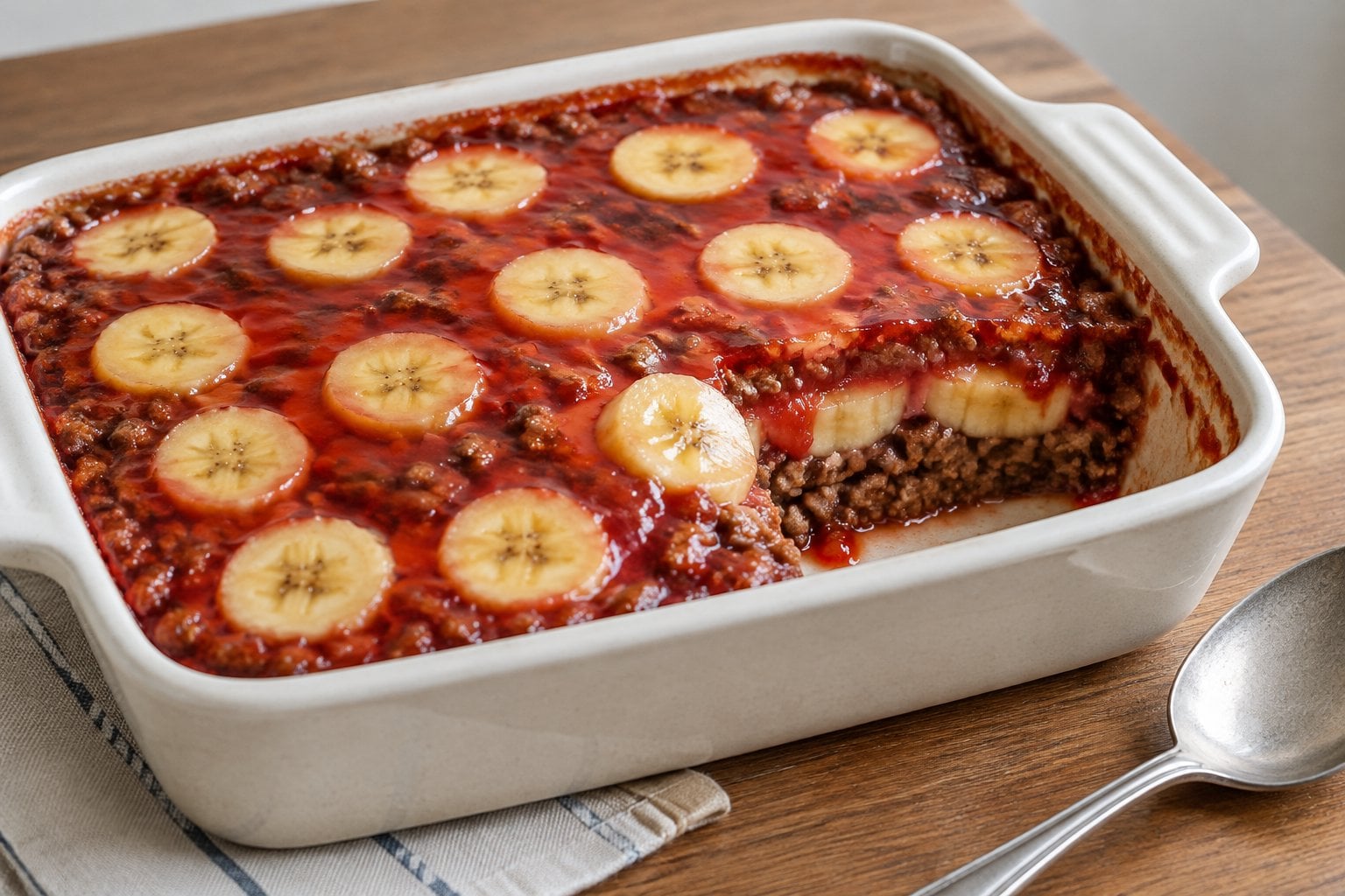 A casserole of ground beef, banana slices, and tomato aspic.