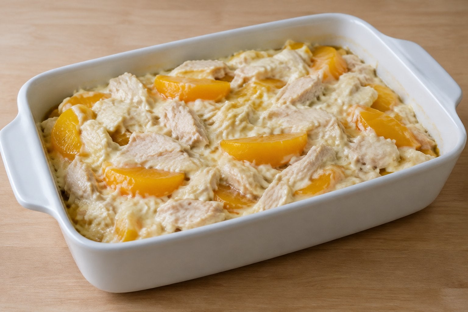A casserole of chicken and peach slices coated in mayonnaise.