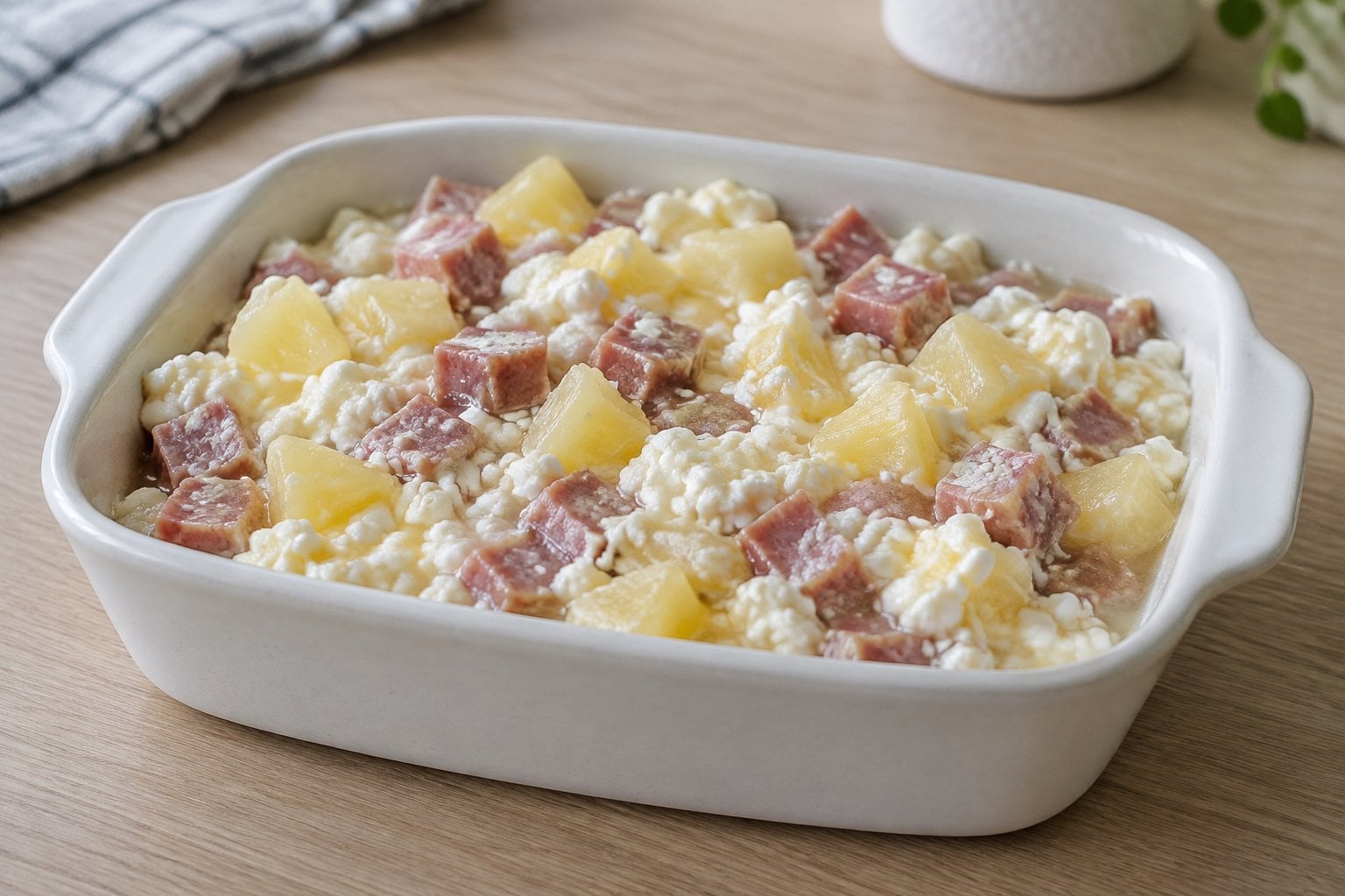 A casserole dish filled with Spam cubes, pineapple chunks, and cottage cheese.