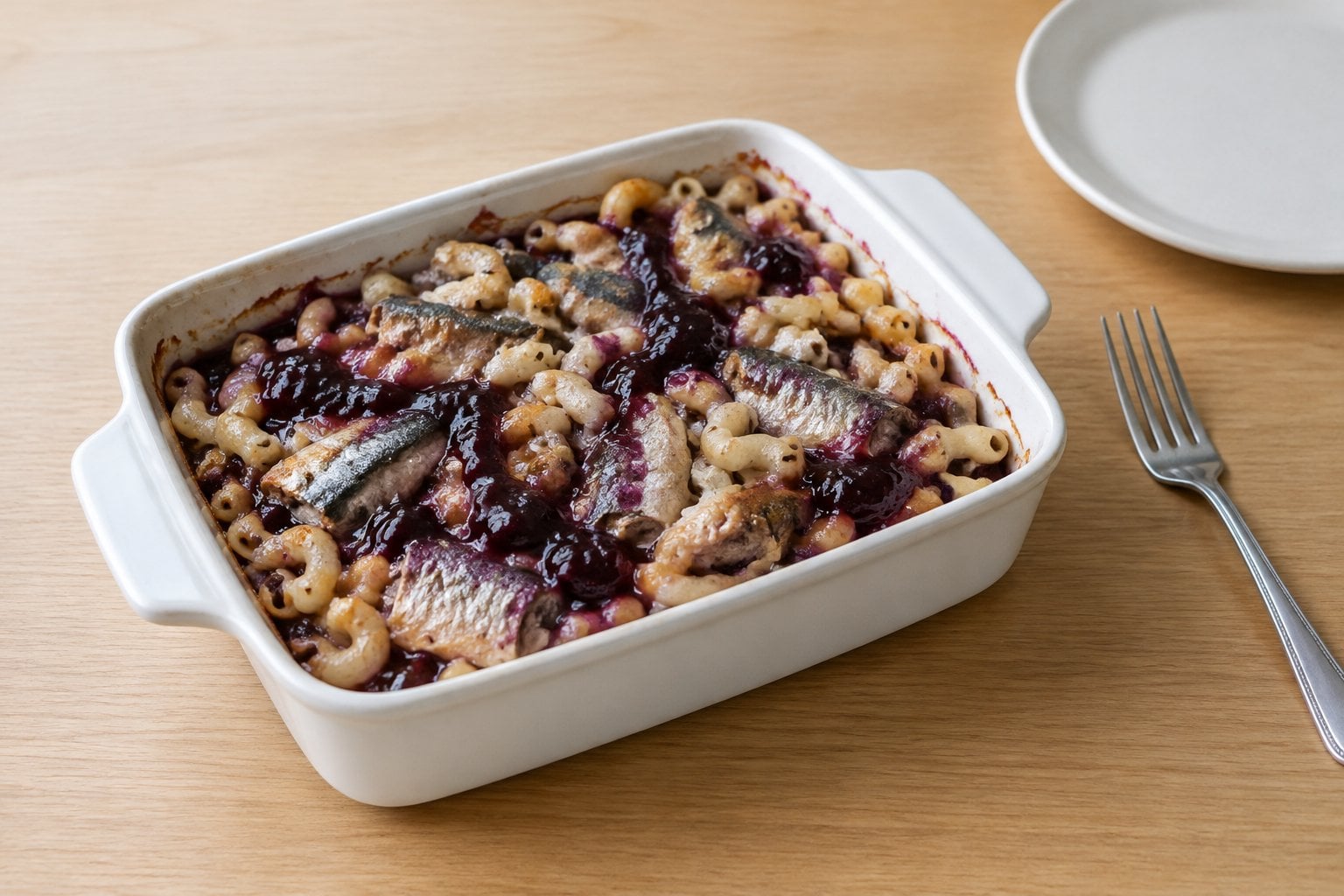 A casserole of macaroni, sardines, and grape jelly on a kitchen table.