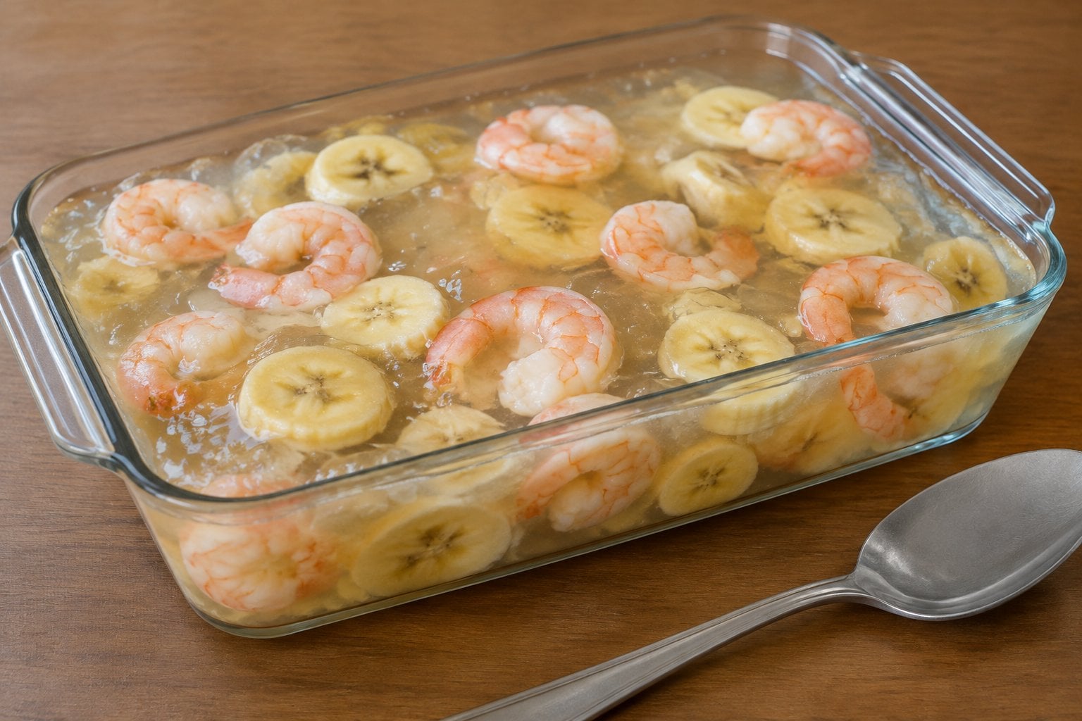 A glass dish of gelatin containing shrimp and banana slices.