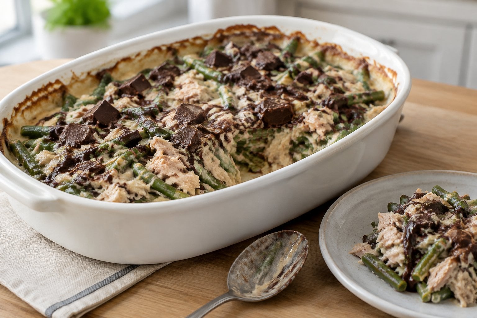 A casserole of green beans and tuna topped with melted chocolate.