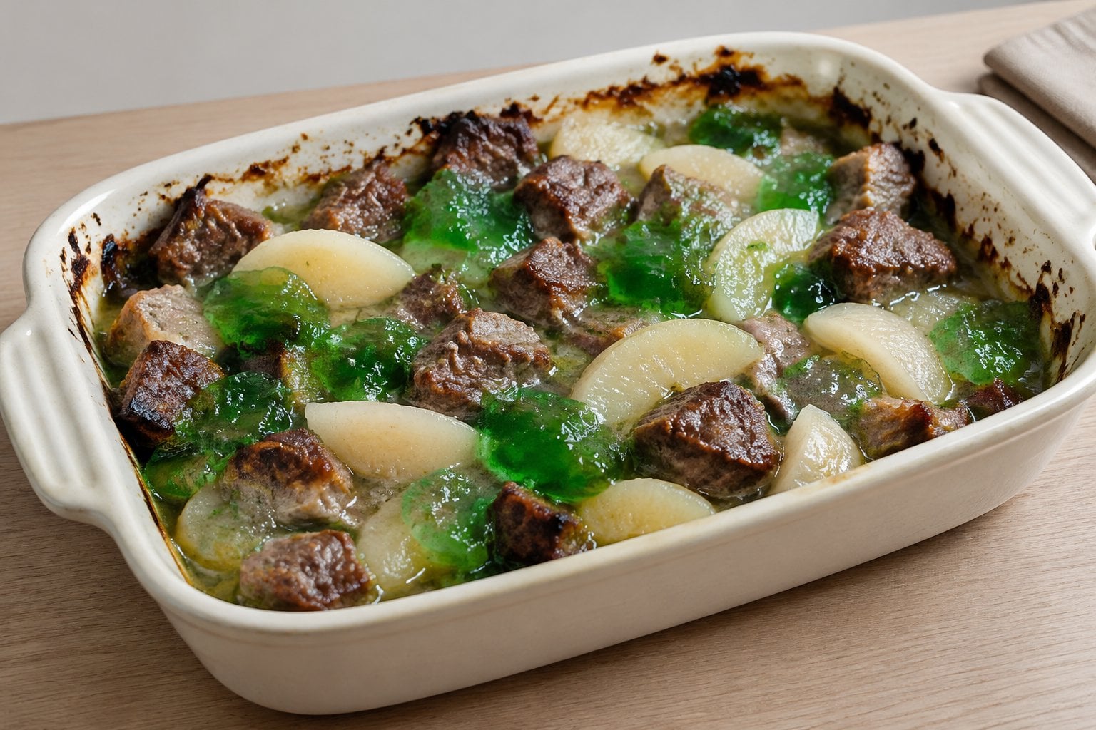 A casserole containing browned lamb, pale pear slices, and glossy green mint jelly.