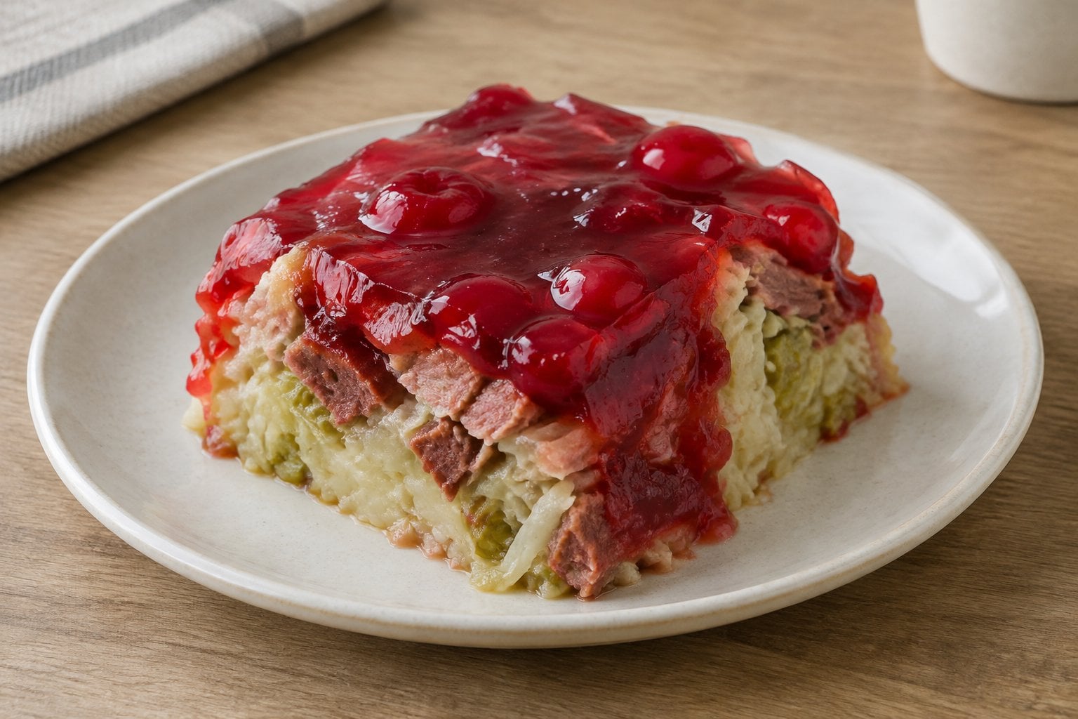 A slice of casserole made with corned beef, cabbage, and red gelatin on a plate.