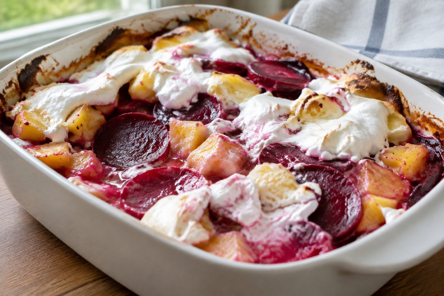 A casserole of beets and pineapple topped with melting whipped cream.