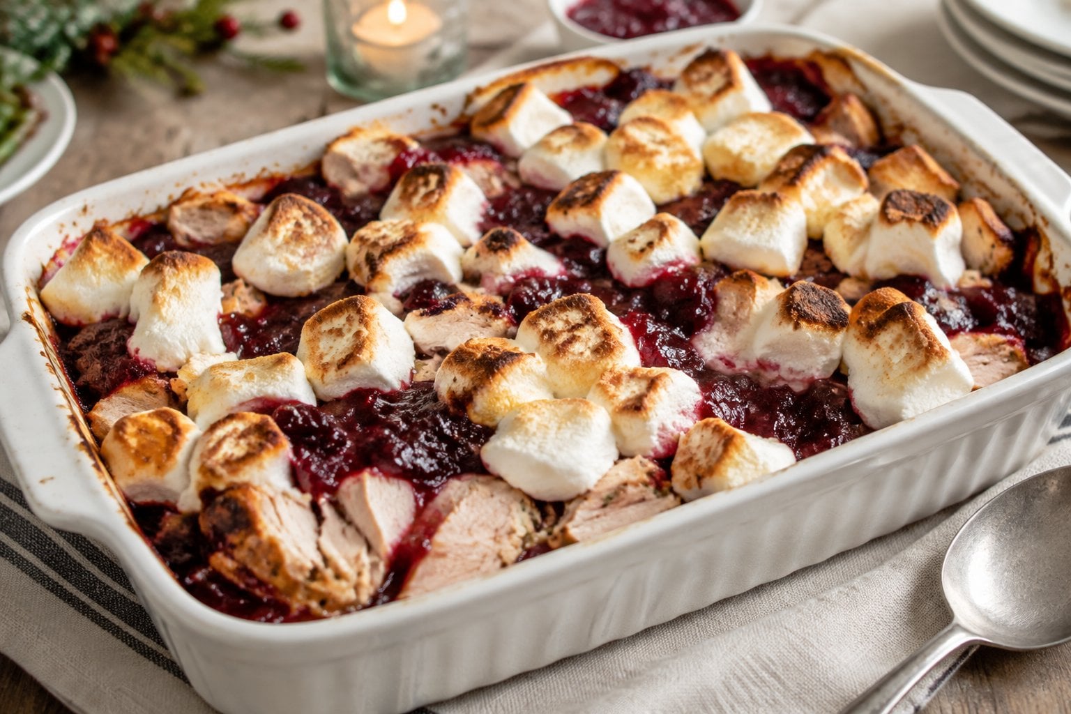 A turkey casserole topped with cranberry sauce and toasted marshmallows.