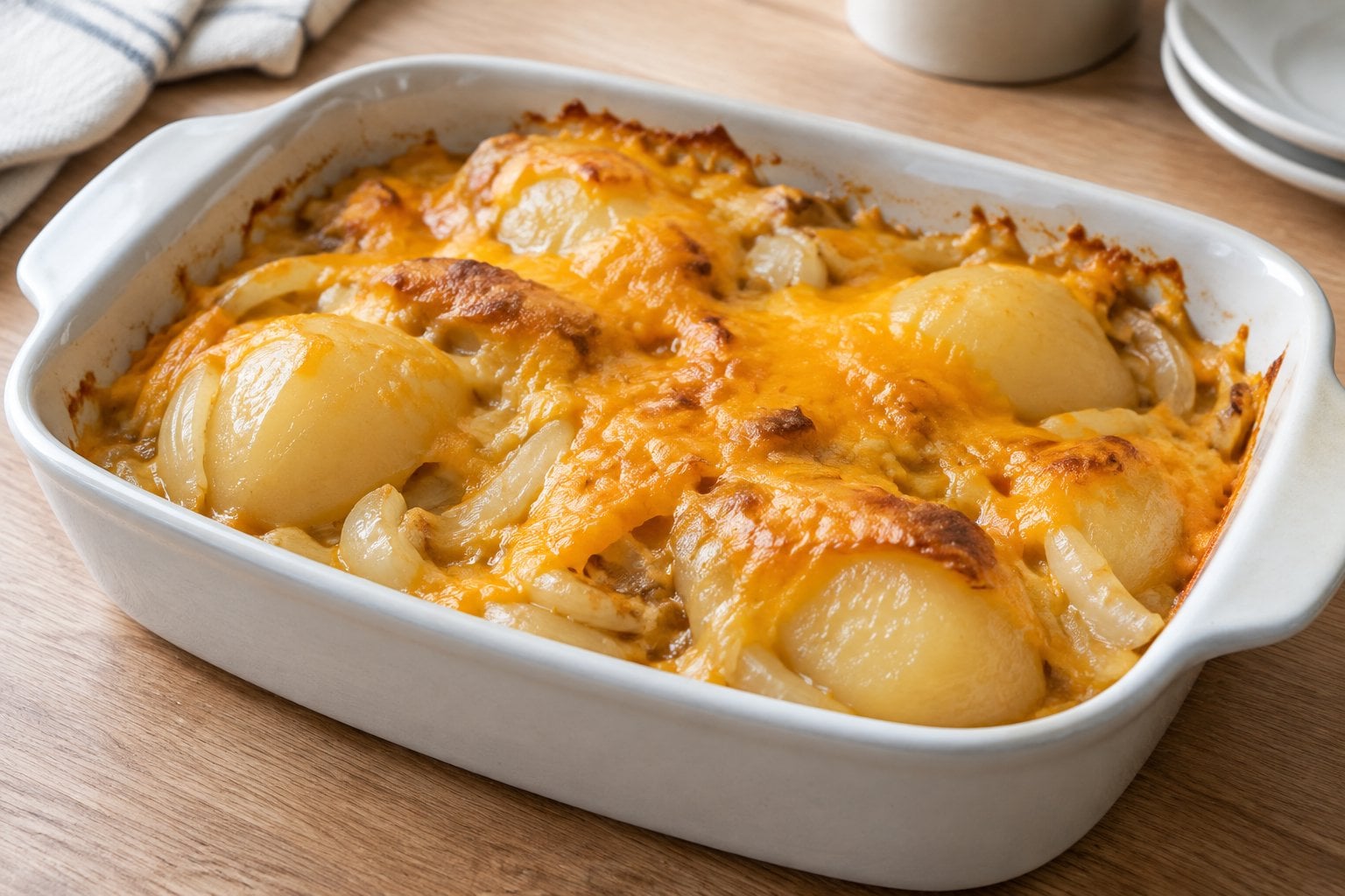 A casserole topped with melted cheddar cheese and containing pears and sliced onions.