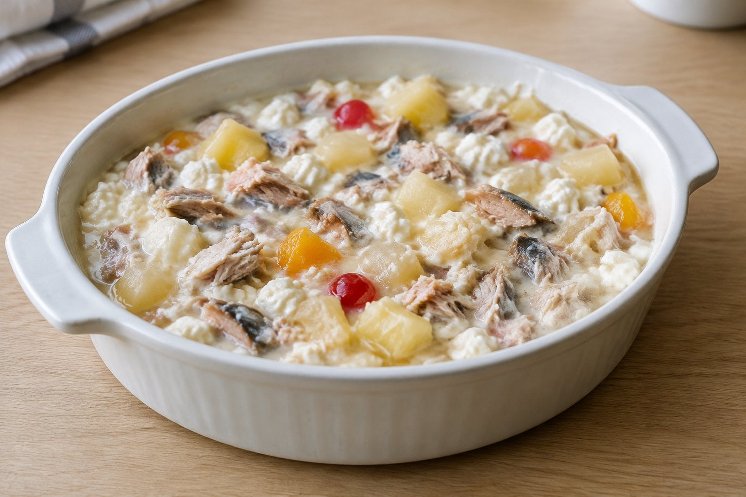 A casserole containing cottage cheese, canned fish, and colorful fruit cocktail.