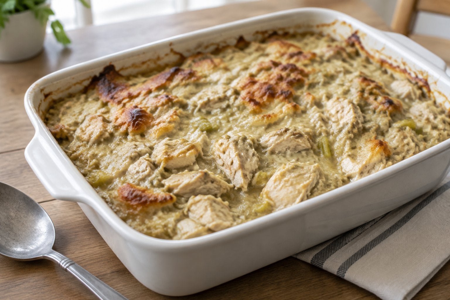 A casserole dish filled with chicken in a thick creamy sauce.