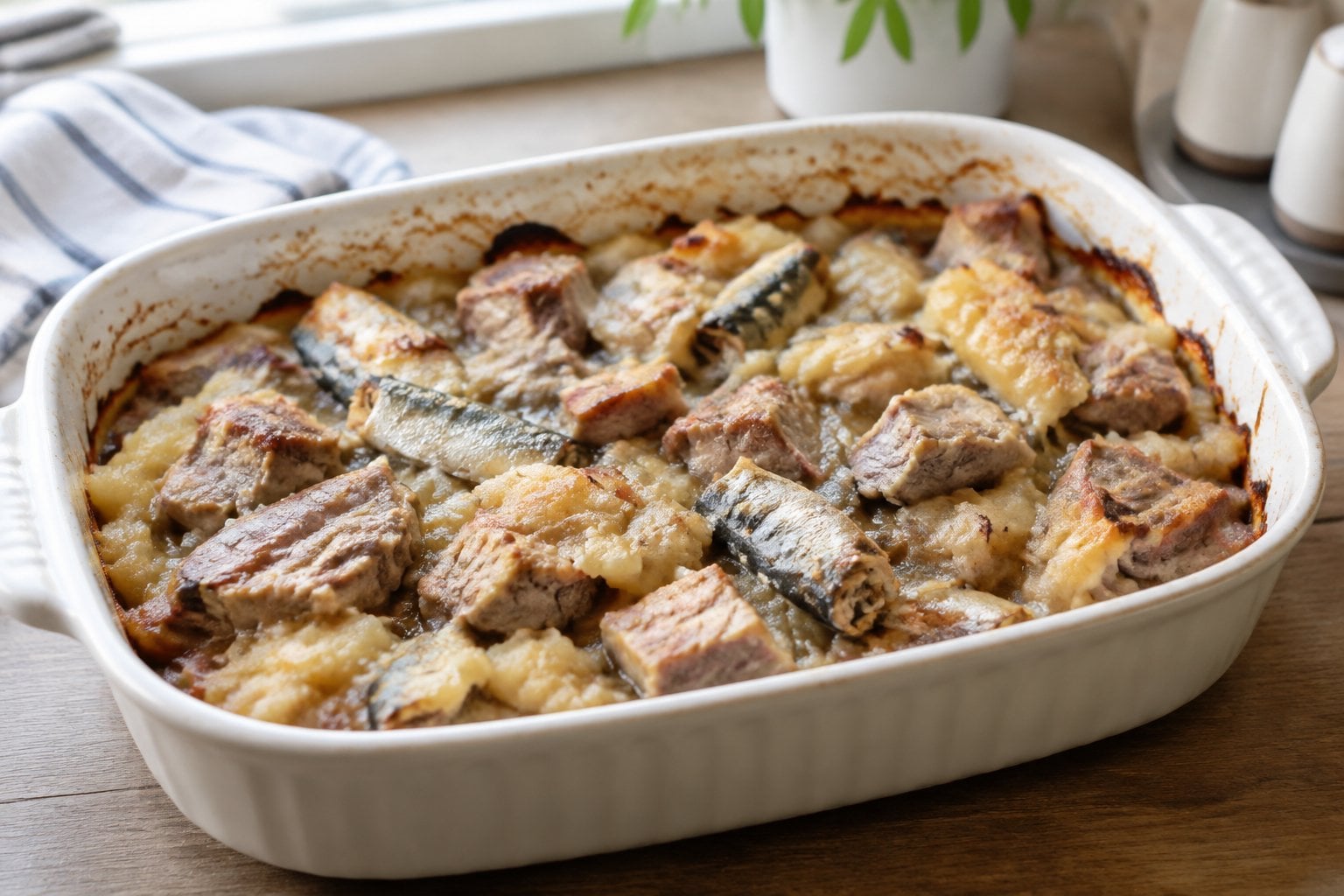 A casserole combining pork, applesauce, and sardines.