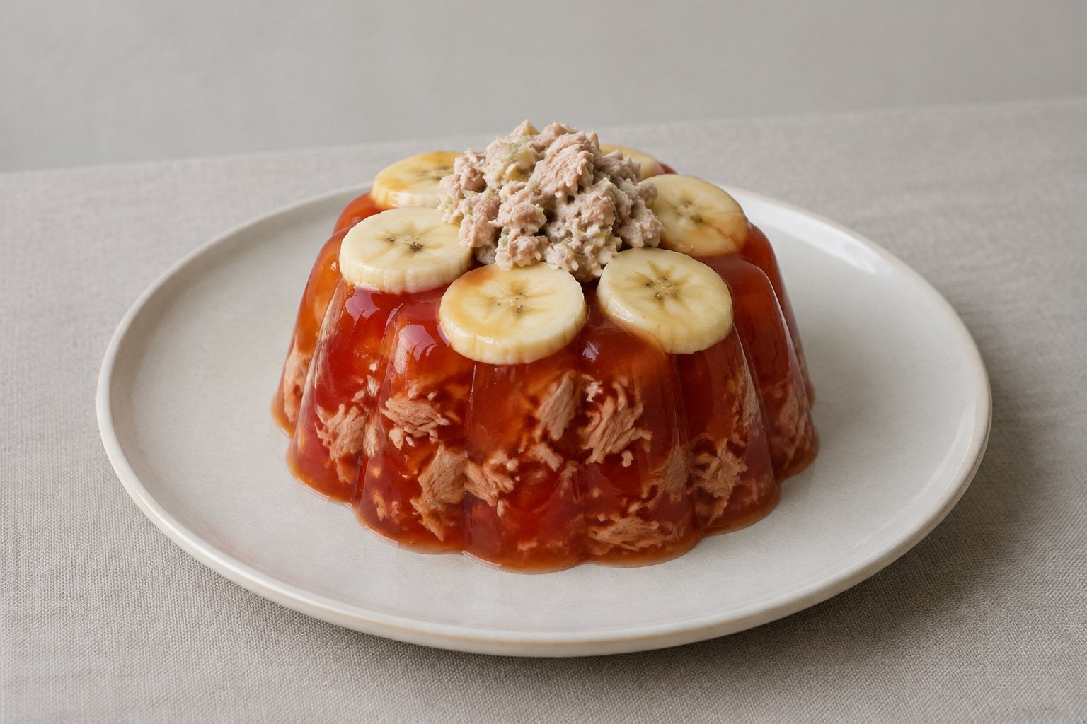 A red tomato gelatin dish topped with banana slices and tuna.
