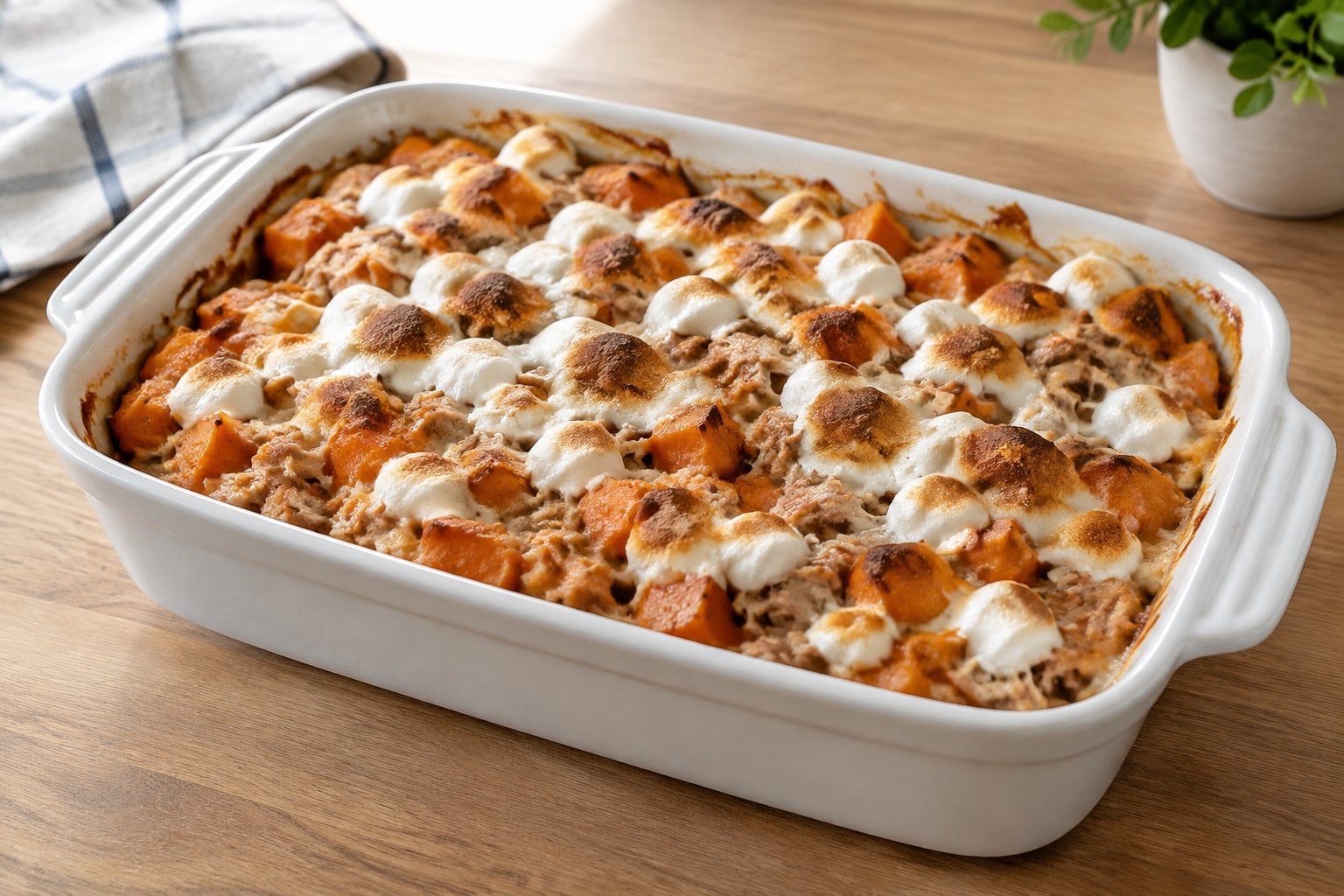A casserole of sweet potatoes and tuna topped with browned marshmallows.