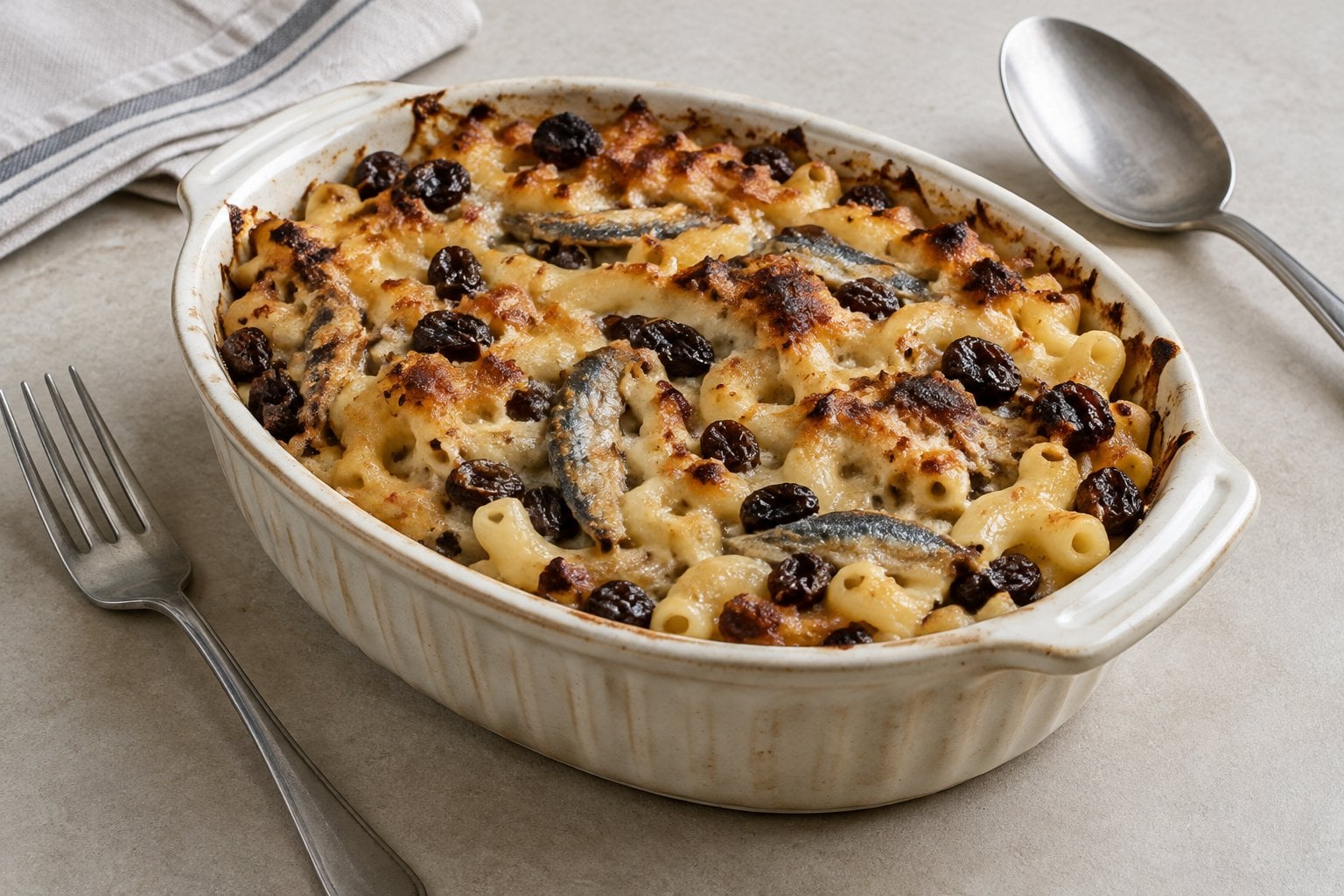 A baked macaroni casserole dotted with raisins and anchovy pieces.